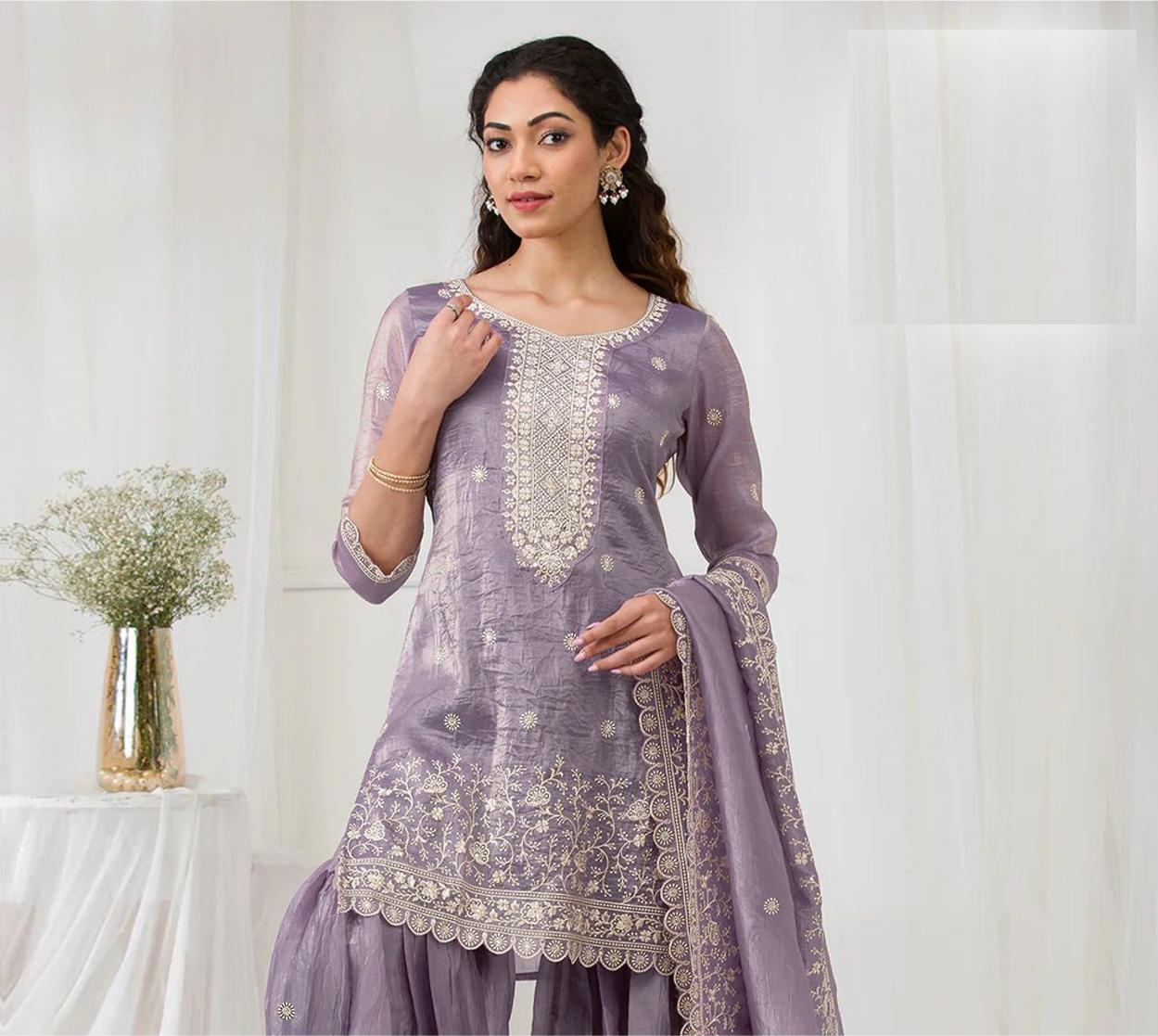 Purple Embroidered Gold Crush Palazzo Suit — alternate view
