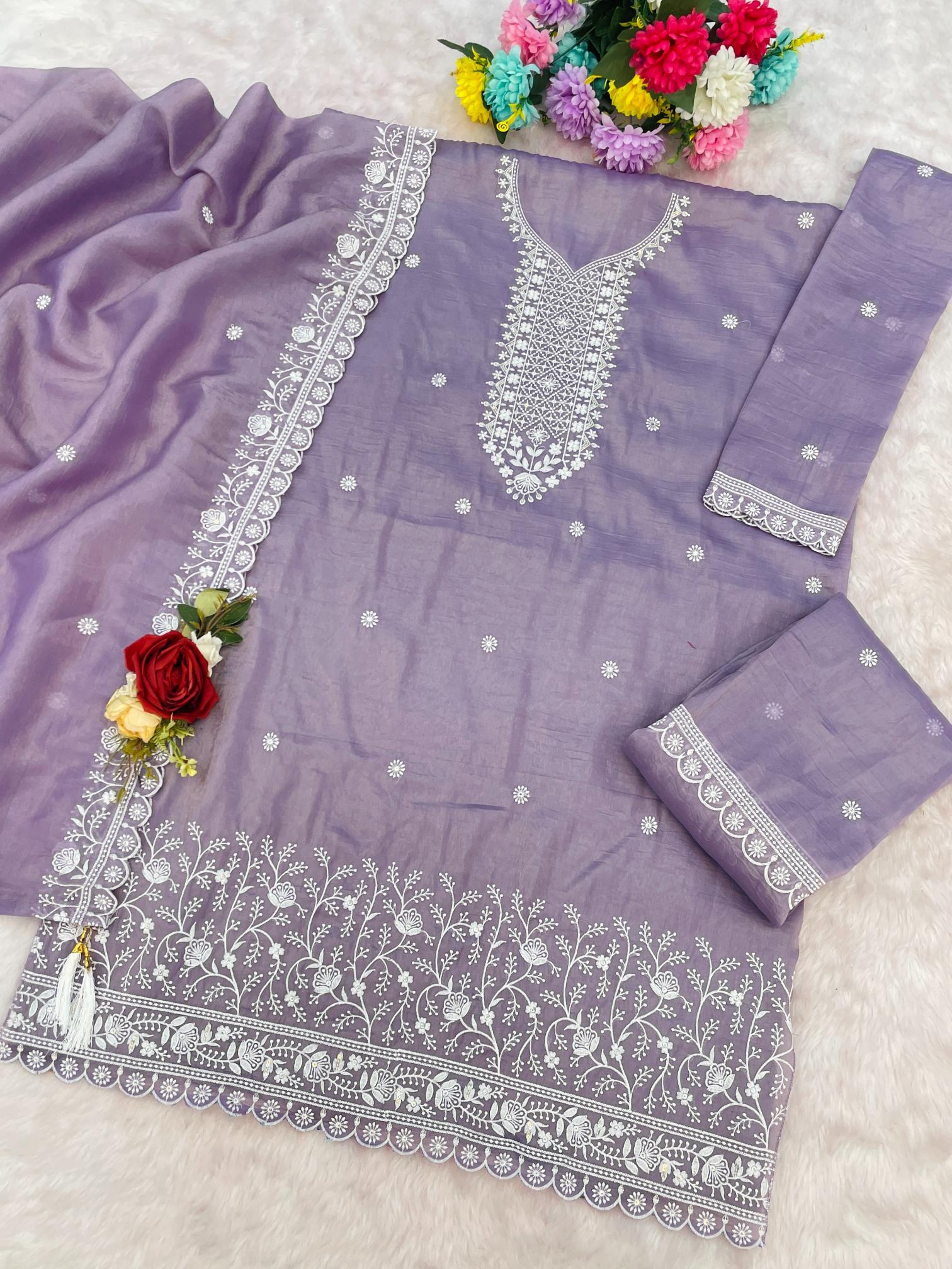 Purple Embroidered Gold Crush Palazzo Suit