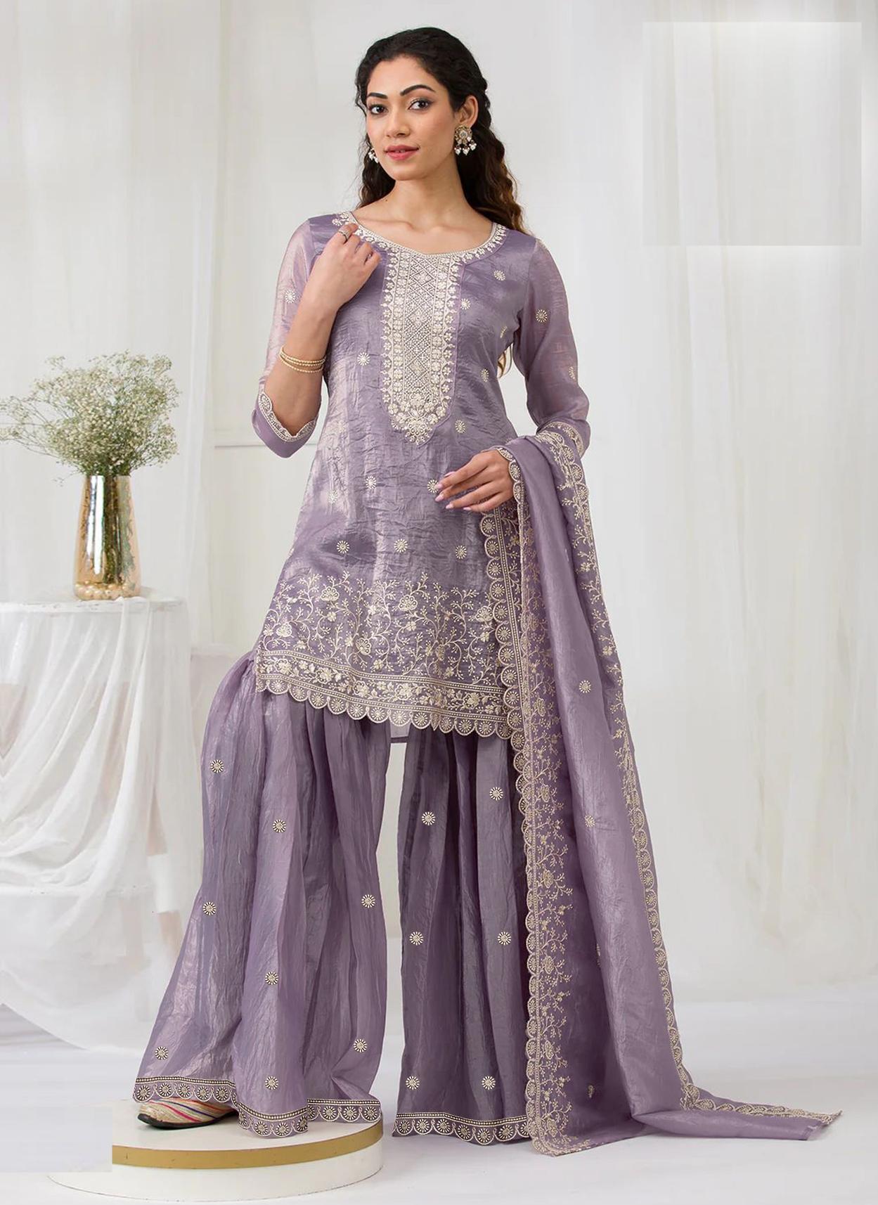 Purple Embroidered Gold Crush Palazzo Suit