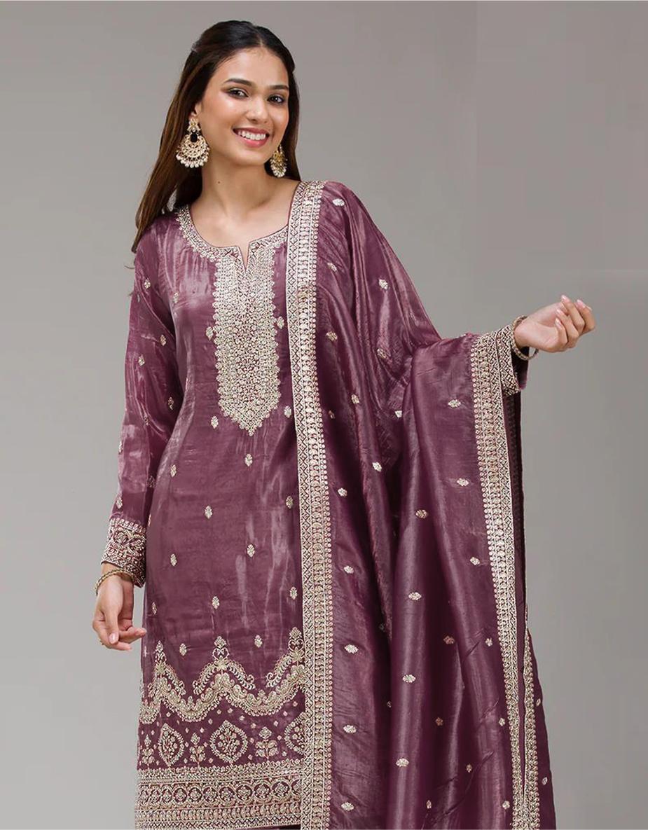 Purple Embroidered Gold Crush Palazzo Suit — alternate view
