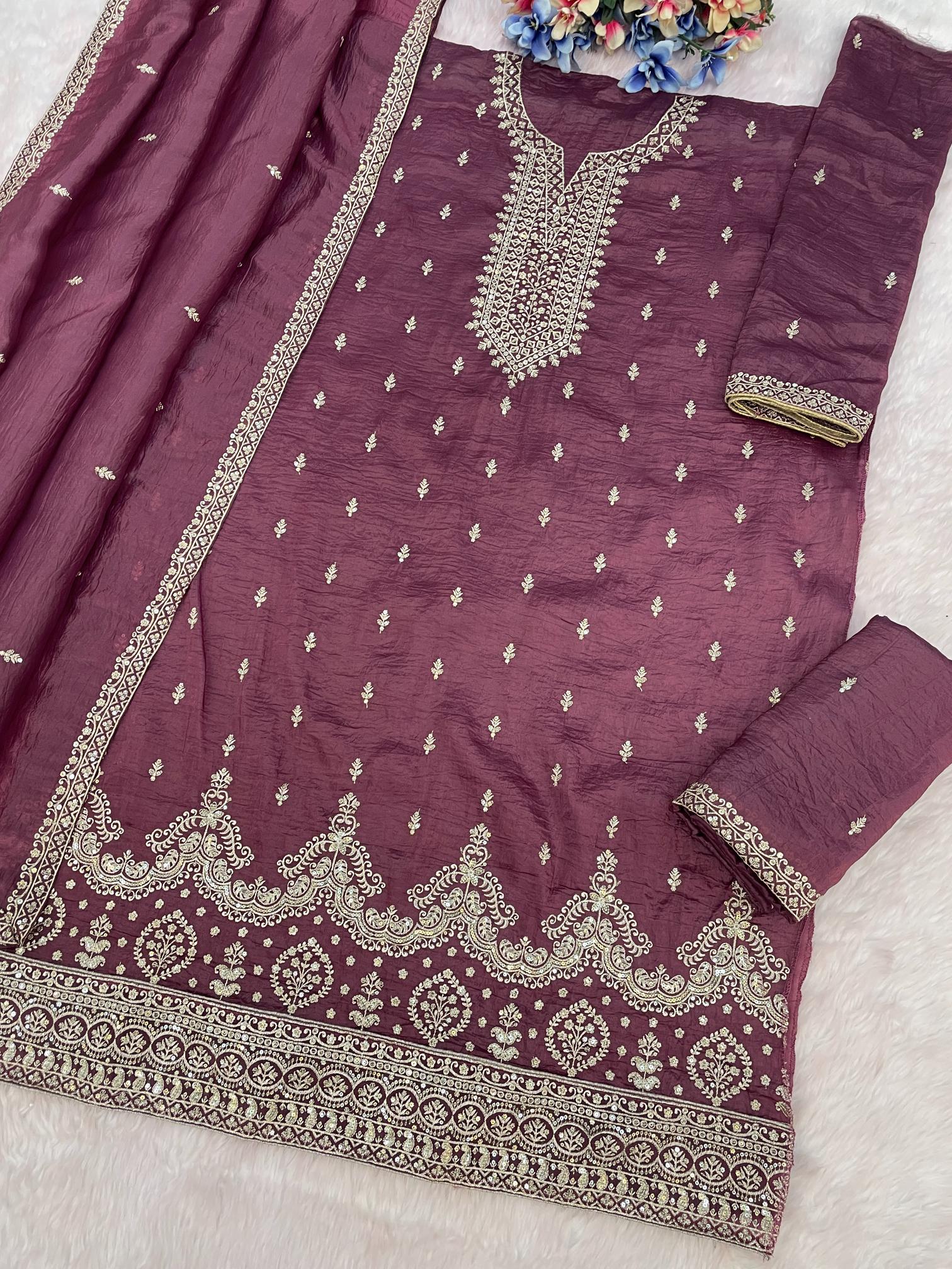Purple Embroidered Gold Crush Palazzo Suit