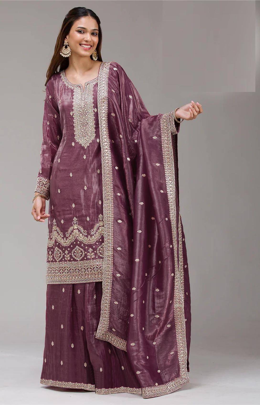Purple Embroidered Gold Crush Palazzo Suit