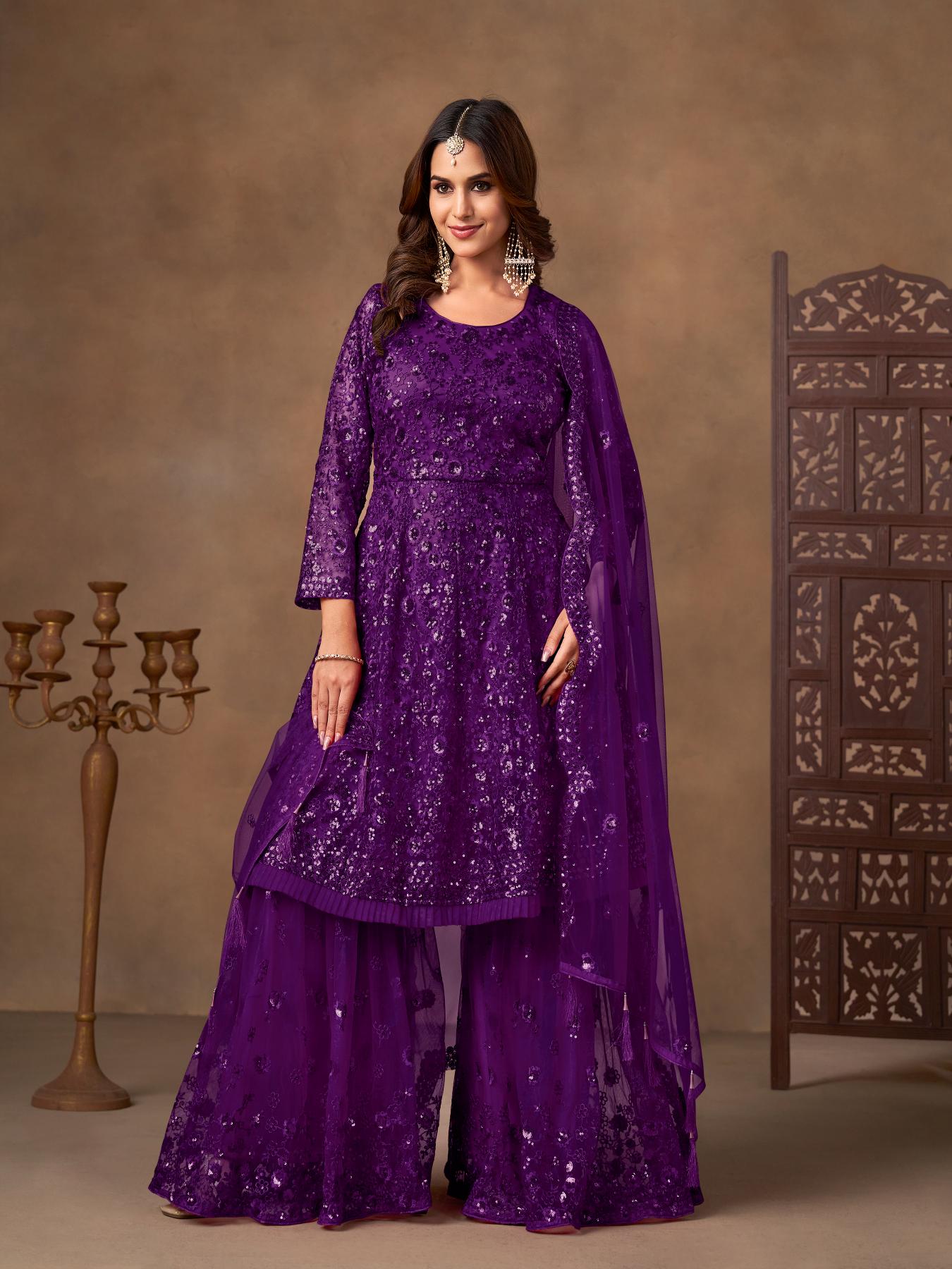 Purple Embroidered Net Sharara Suit