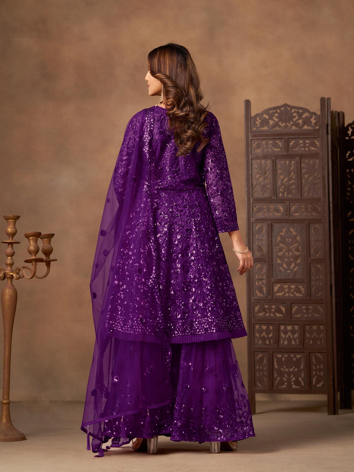 Purple Embroidered Net Sharara Suit — alternate view