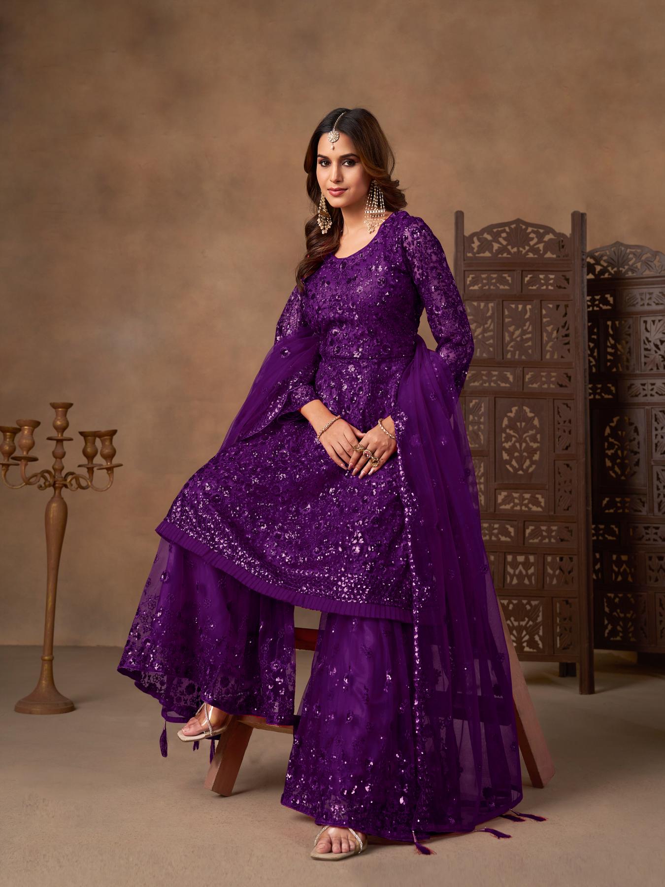 Purple Embroidered Net Sharara Suit
