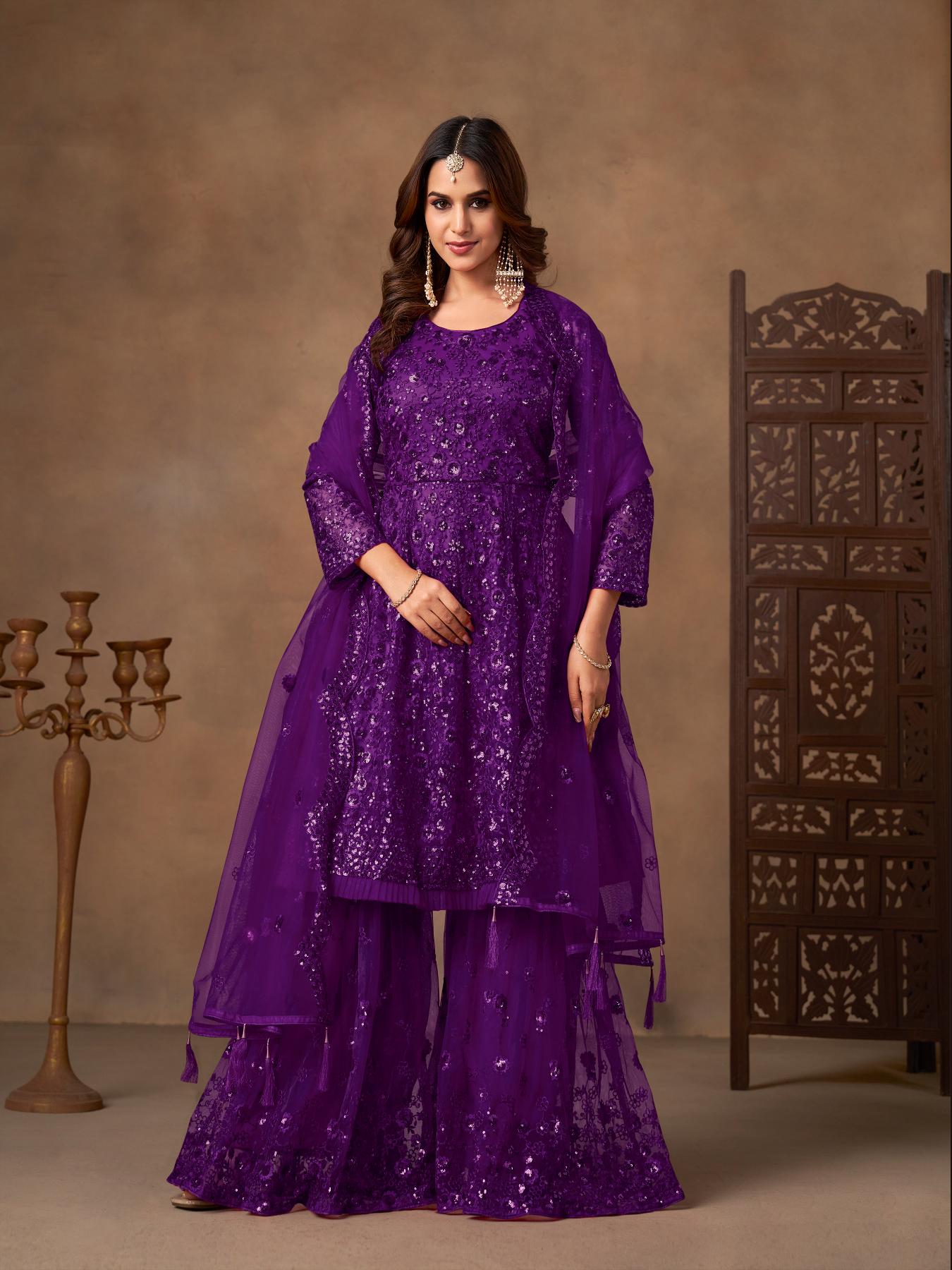 Purple Embroidered Net Sharara Suit