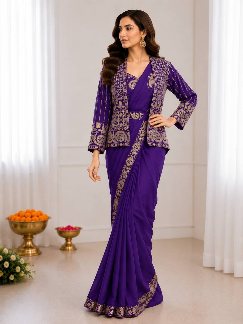 Purple Embroidered Sequence Cording Jacket Saree
