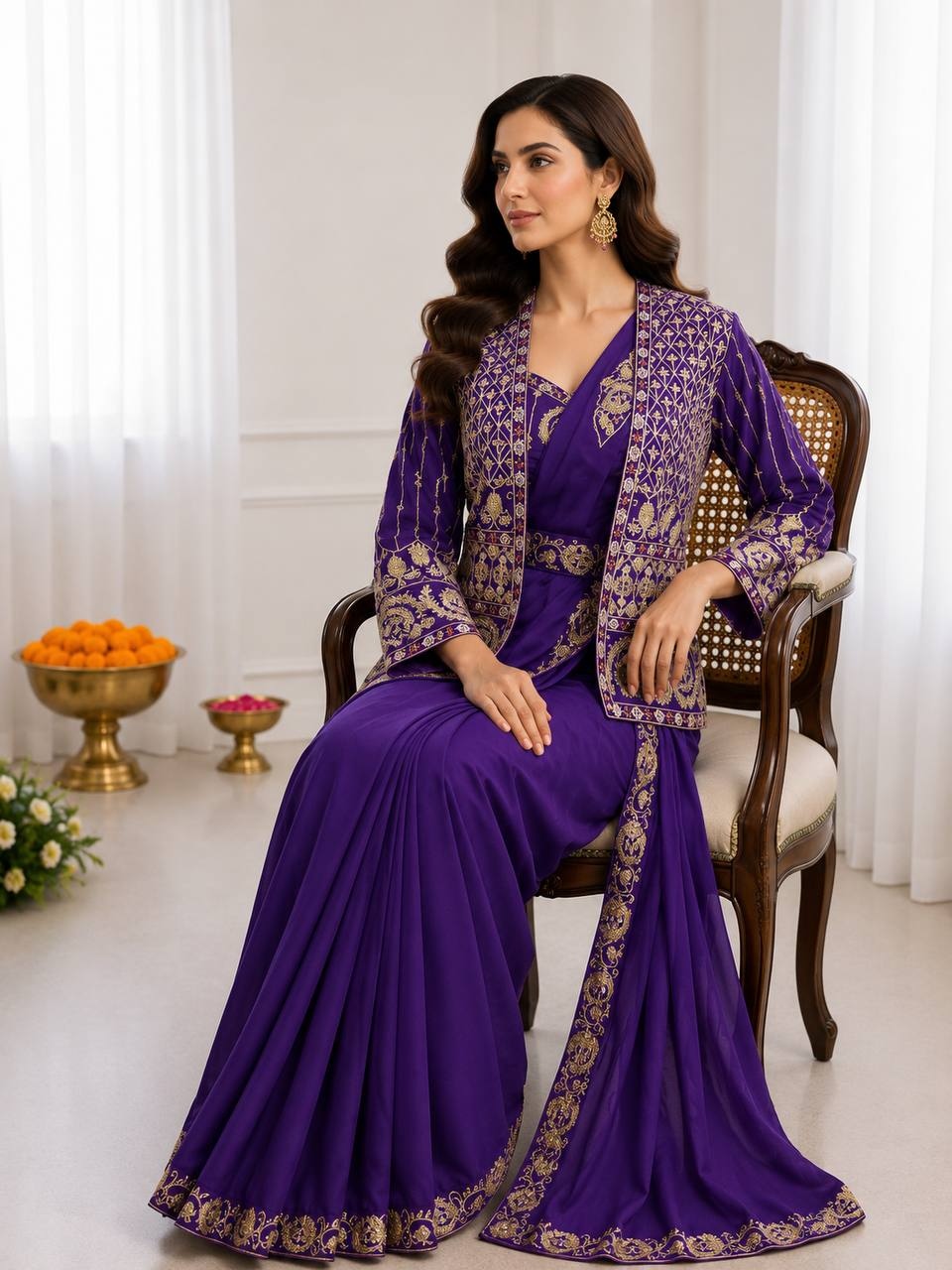 Purple Embroidered Sequence Cording Jacket Saree — alternate view