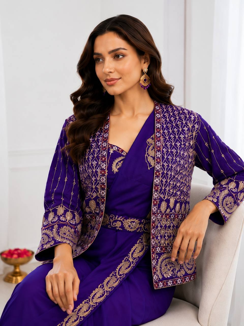 Purple Embroidered Sequence Cording Jacket Saree