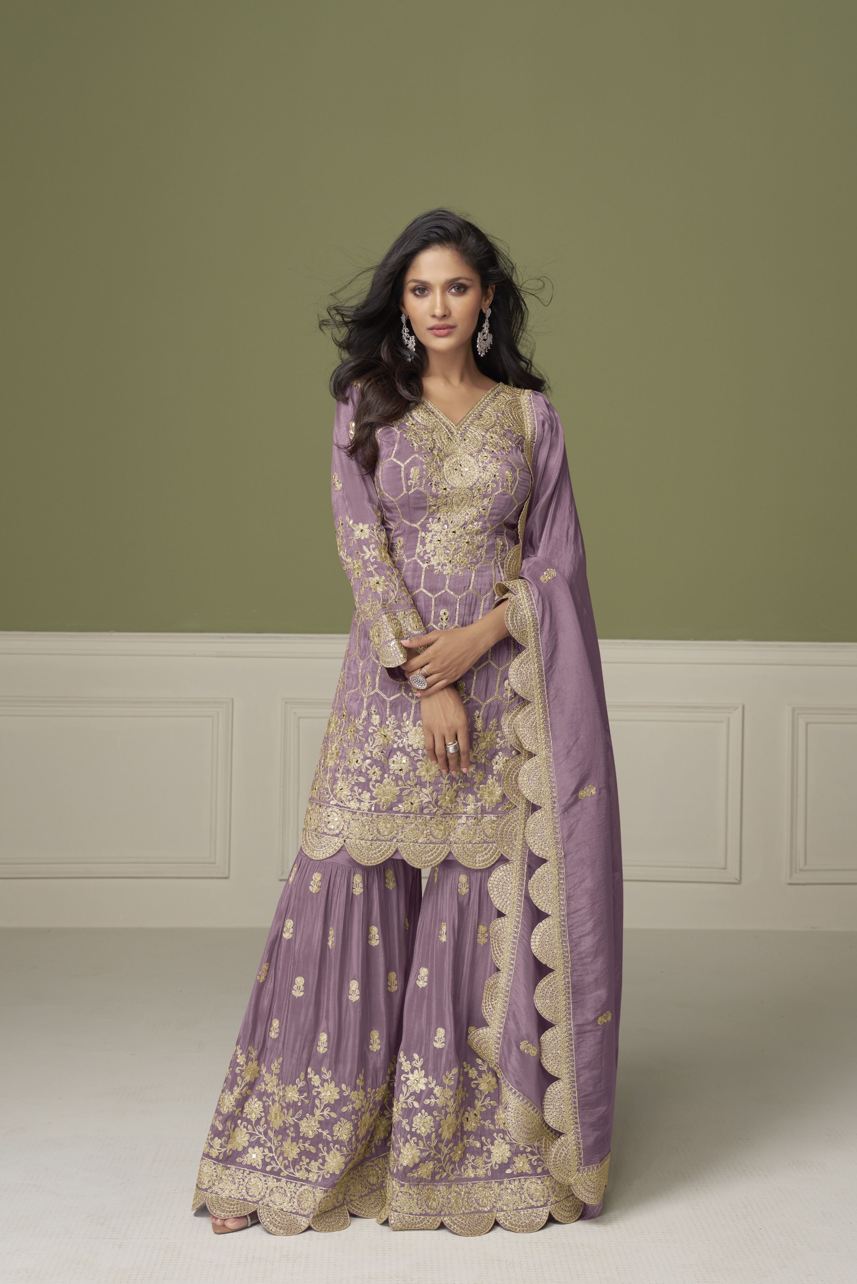 Purple Embroidered Shimmer Sharara Suit