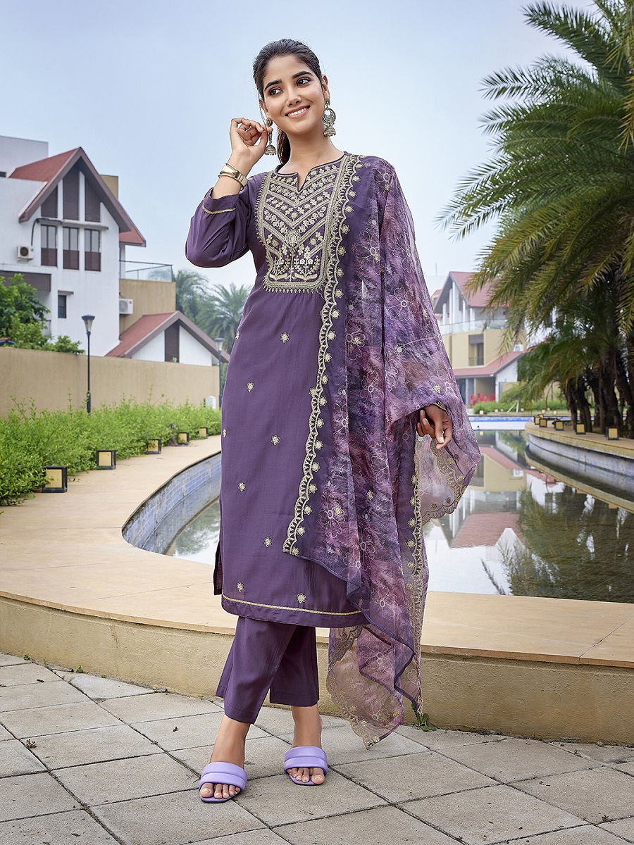 Purple Embroidered Silk Blend Readymade Suit