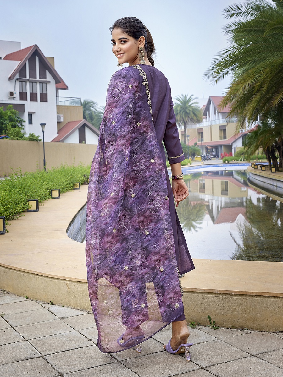 Purple Embroidered Silk Blend Readymade Suit — alternate view