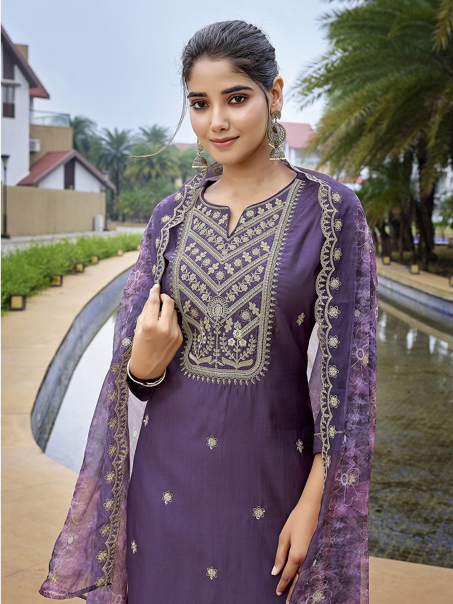 Purple Embroidered Silk Blend Readymade Suit
