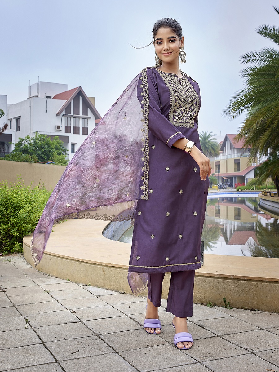 Purple Embroidered Silk Blend Readymade Suit