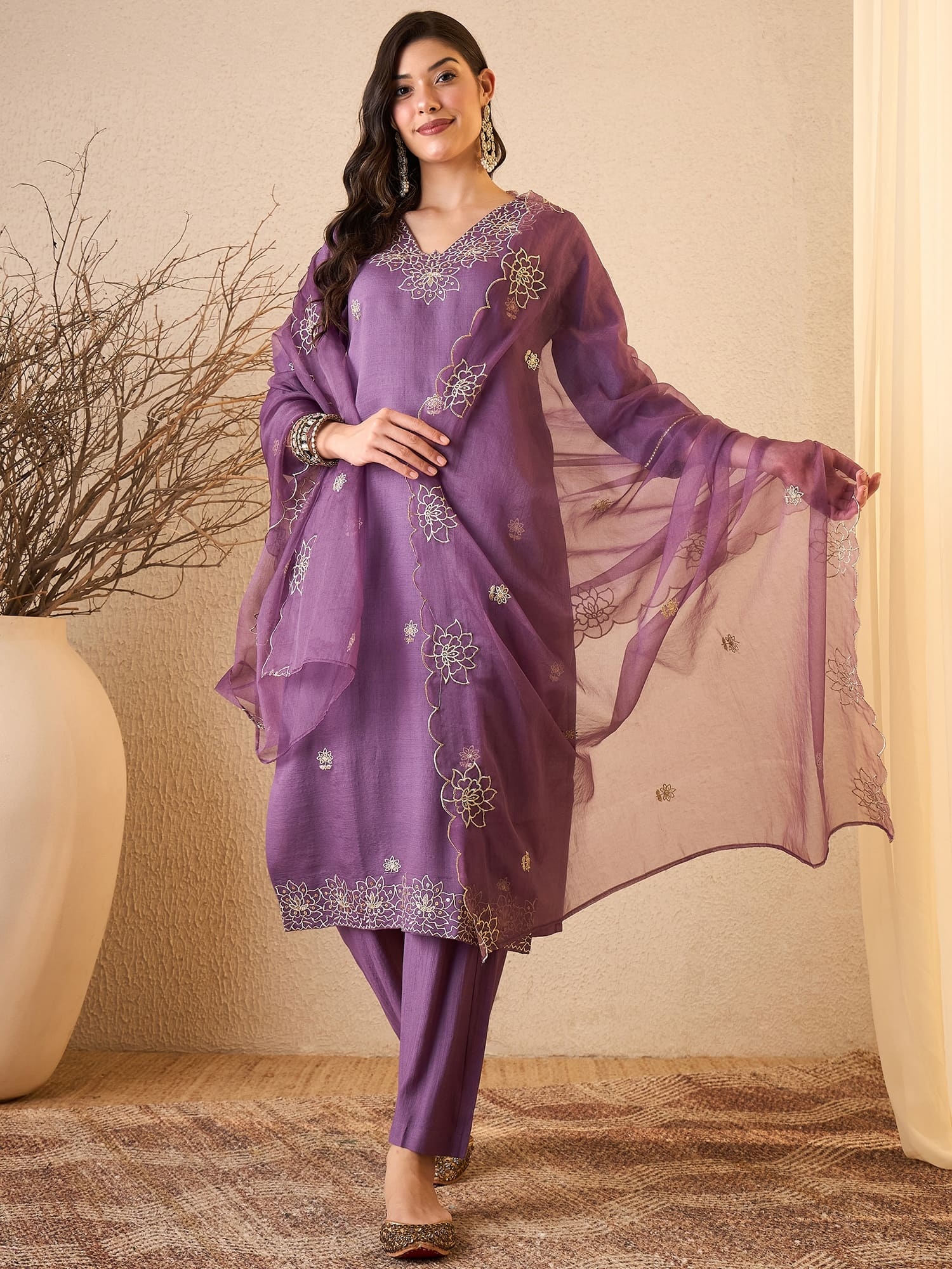 Purple Embroidered Silk Blend Straight Suit