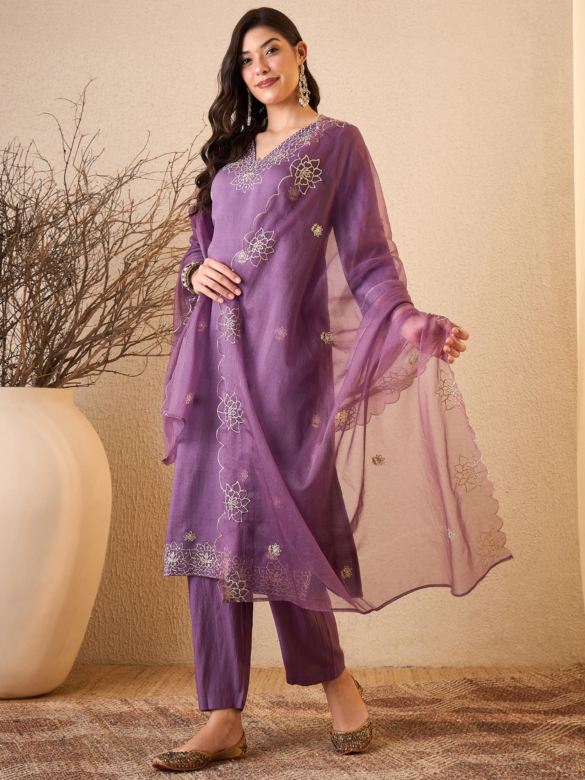 Purple Embroidered Silk Blend Straight Suit