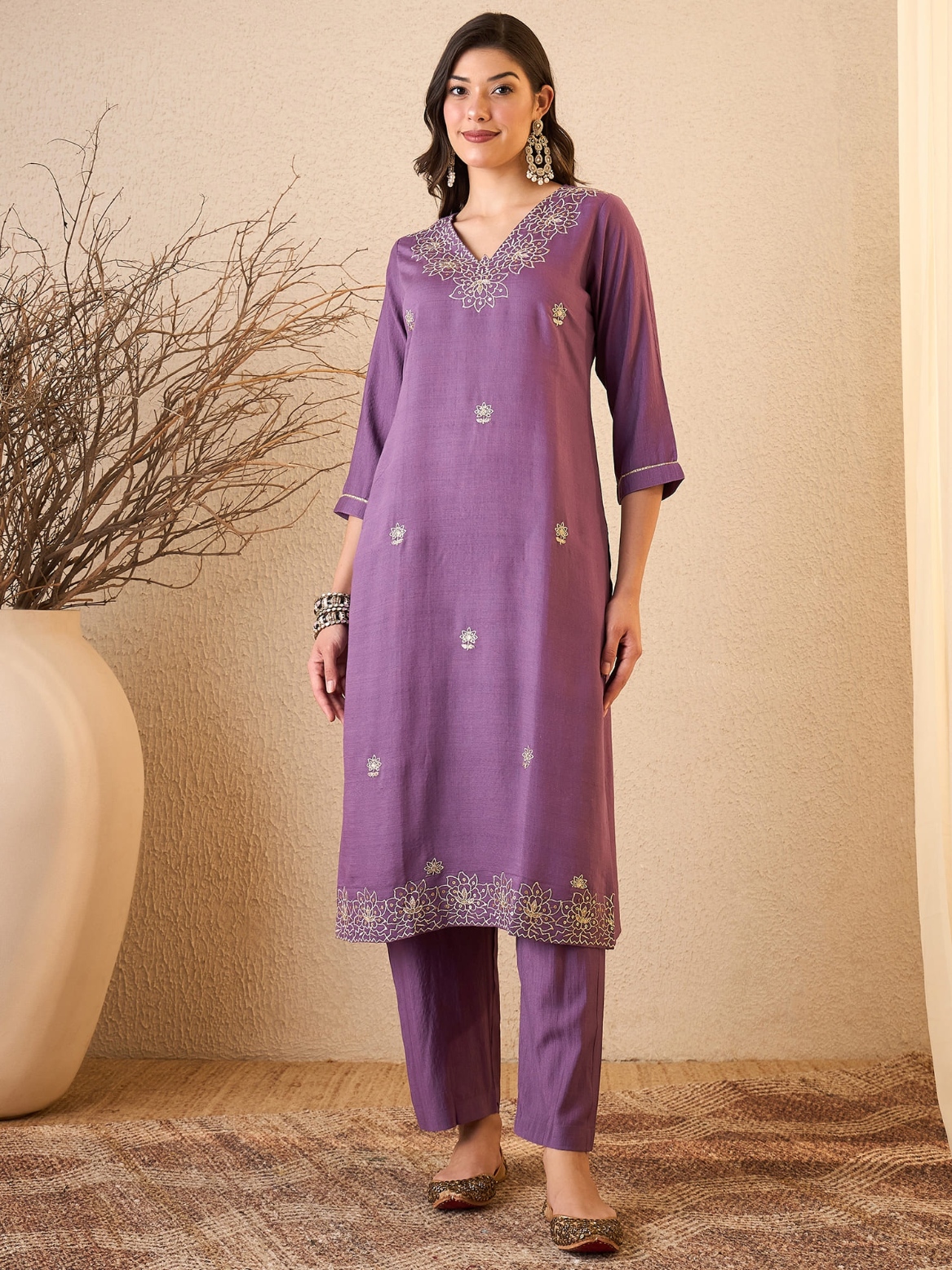 Purple Embroidered Silk Blend Straight Suit