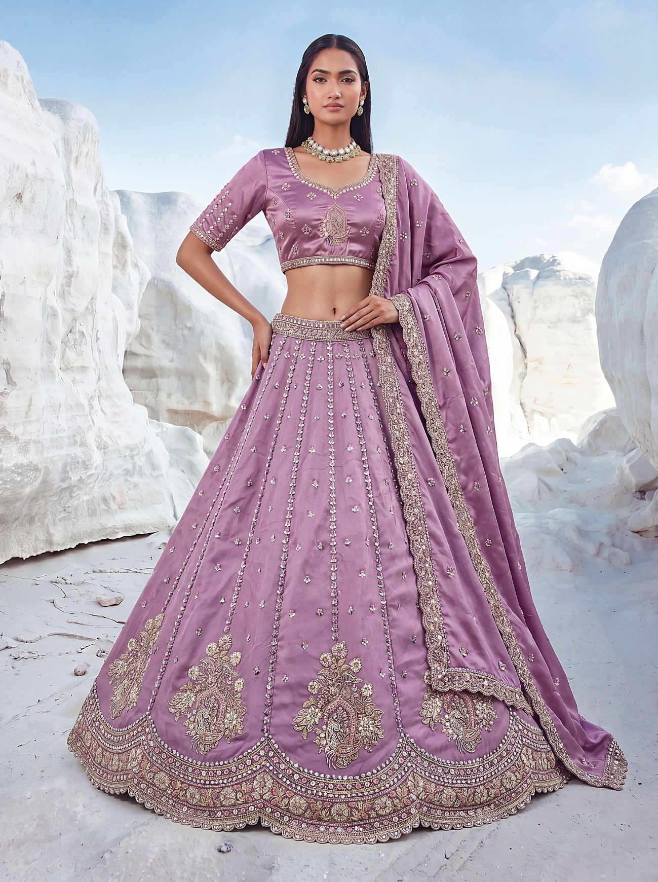 Purple Embroidered Silk Bridal Lehenga
