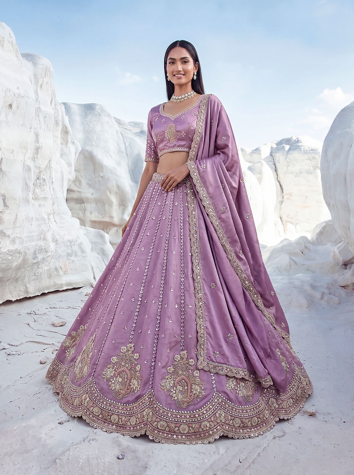 Purple Embroidered Silk Bridal Lehenga