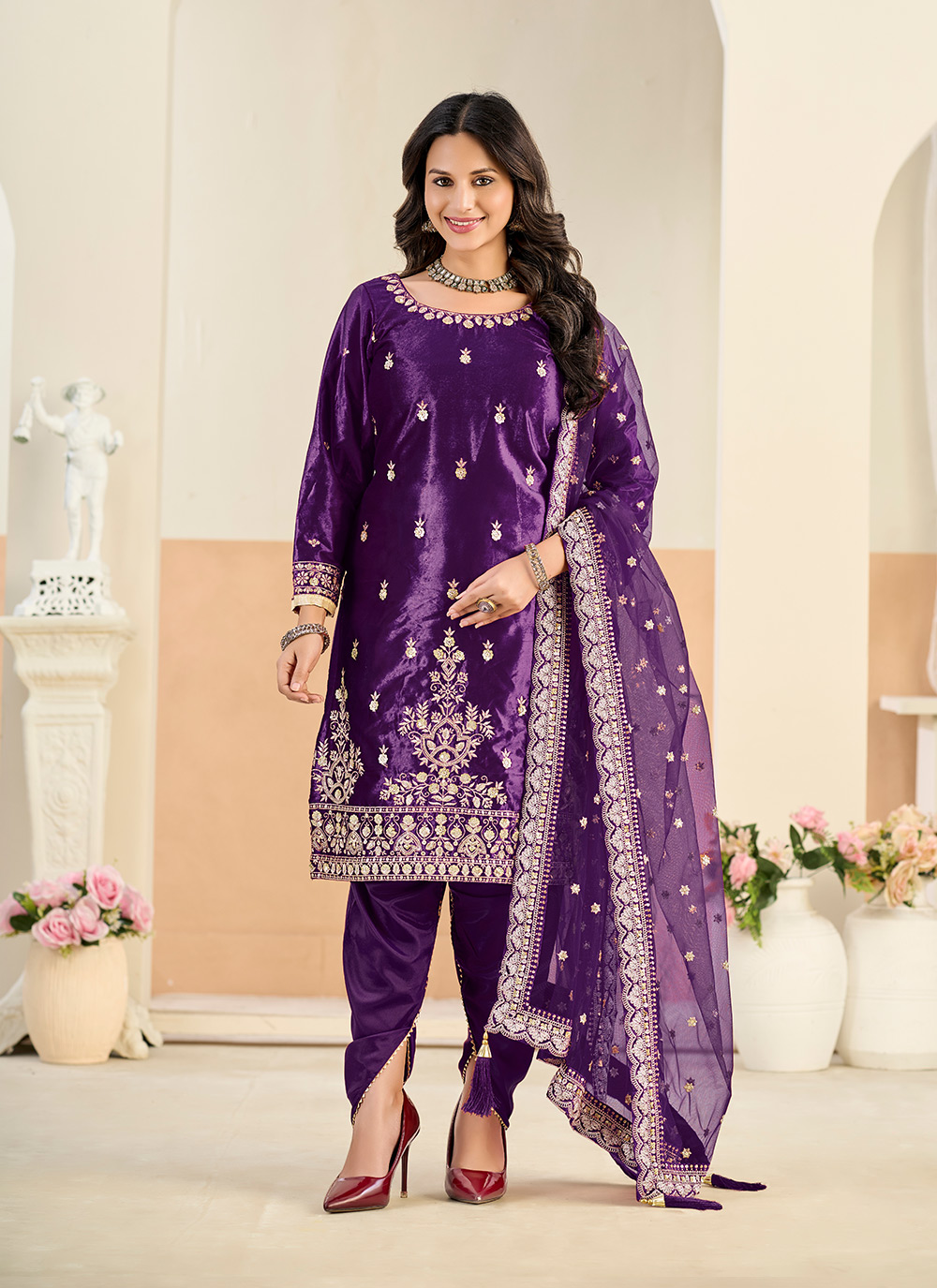 Purple Embroidered Velvet Salwar Suit