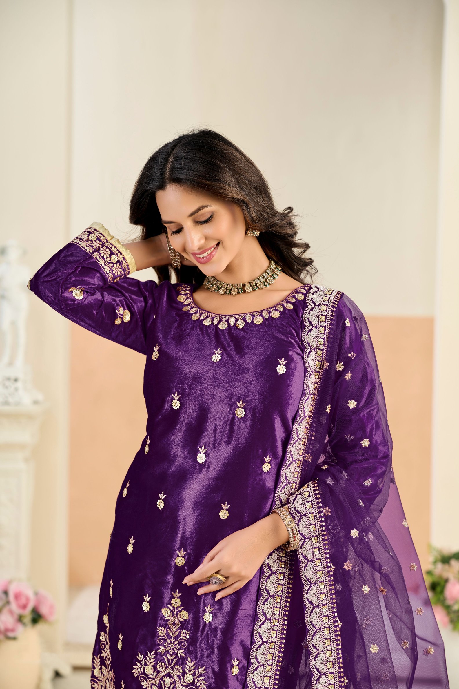 Purple Embroidered Velvet Salwar Suit — alternate view