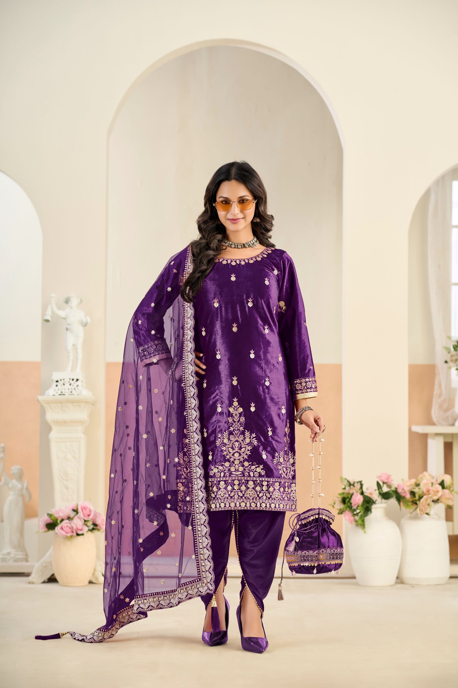 Purple Embroidered Velvet Salwar Suit