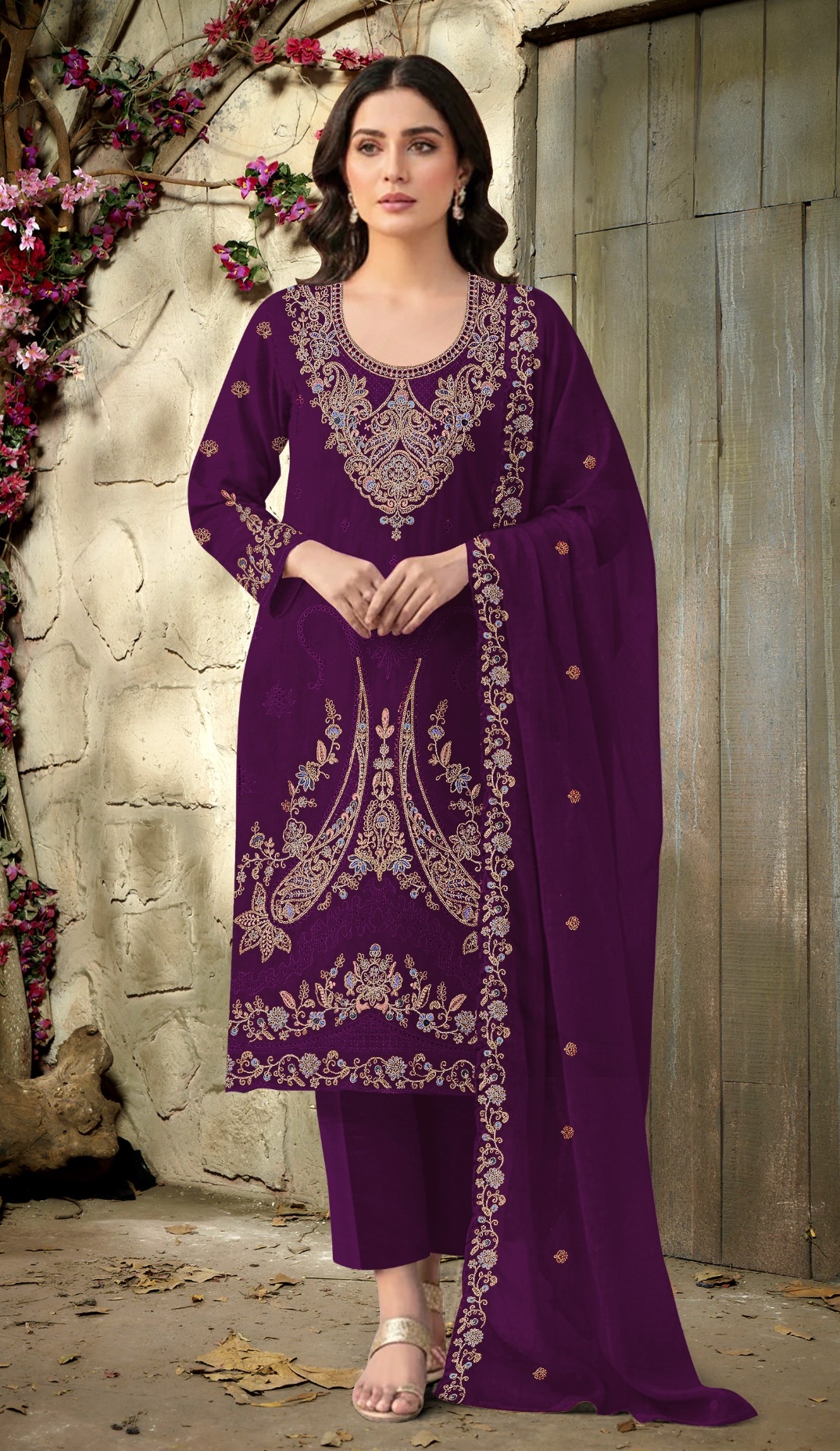 Purple Embroidered Velvet Straight Suit