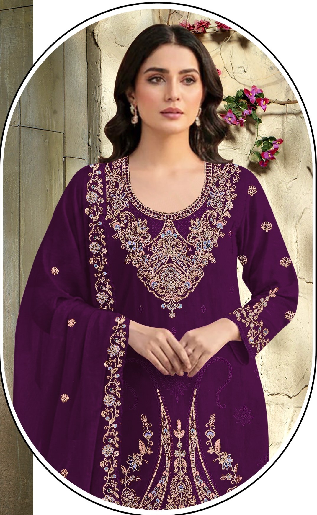 Purple Embroidered Velvet Straight Suit — alternate view