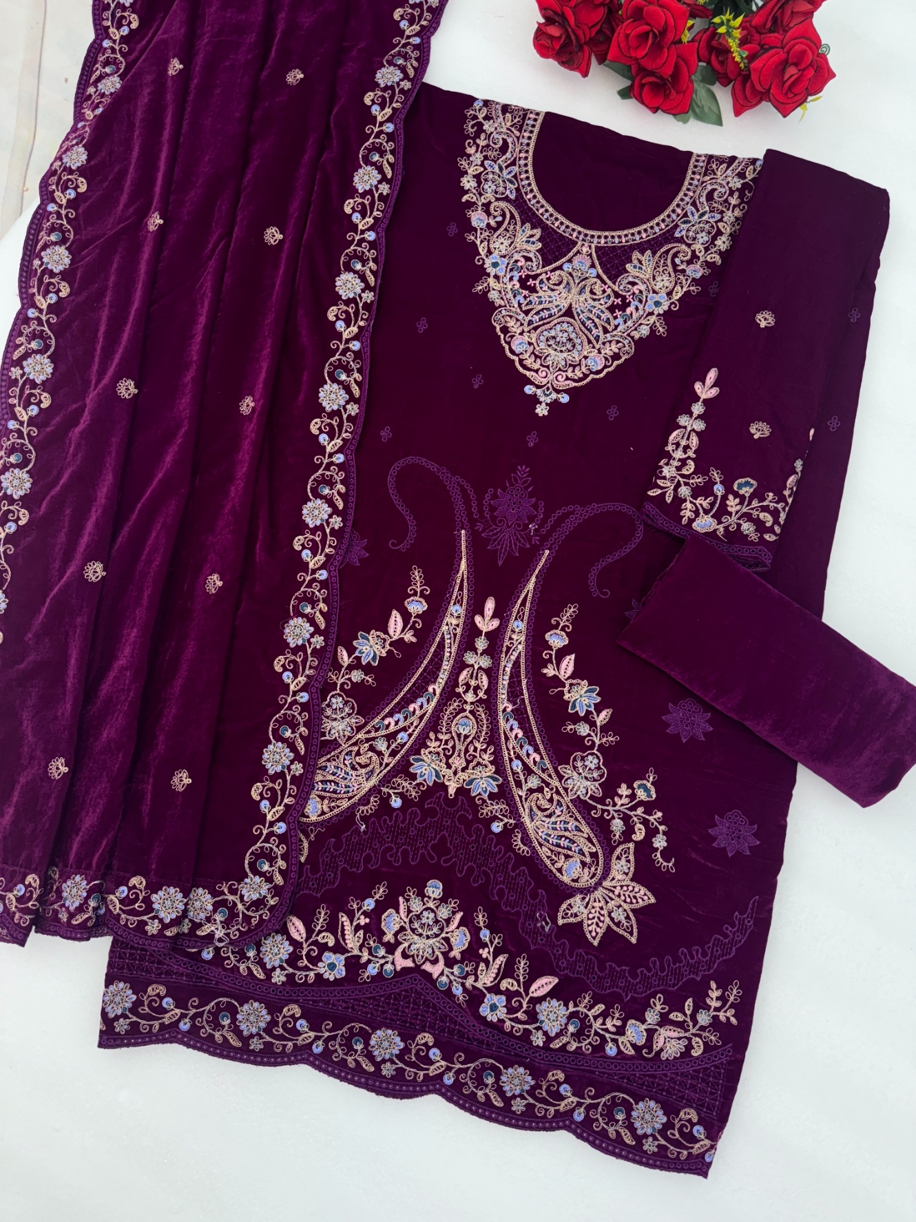 Purple Embroidered Velvet Straight Suit