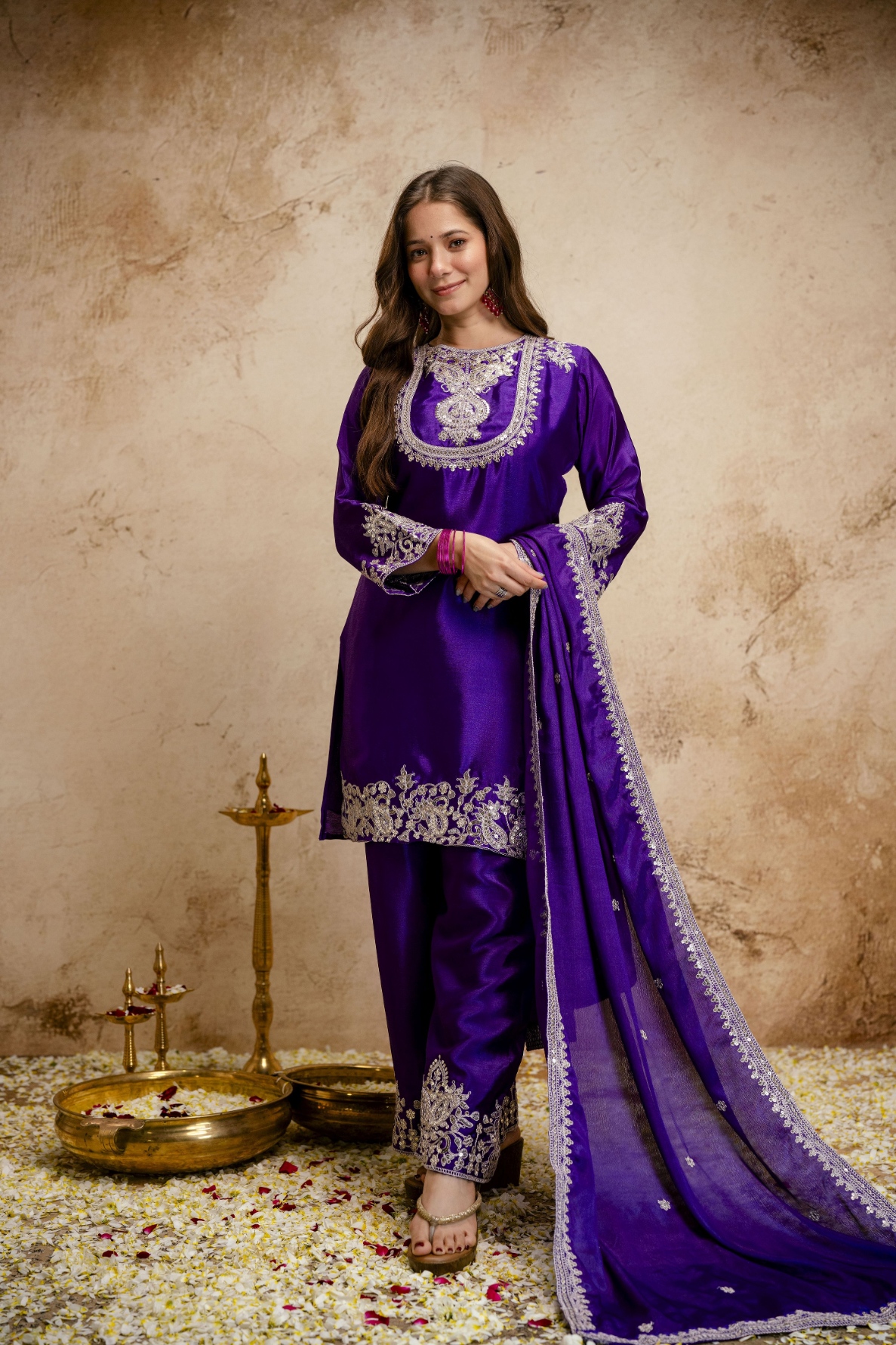 Purple Embroidered Vichitra Silk Anarkali Suit