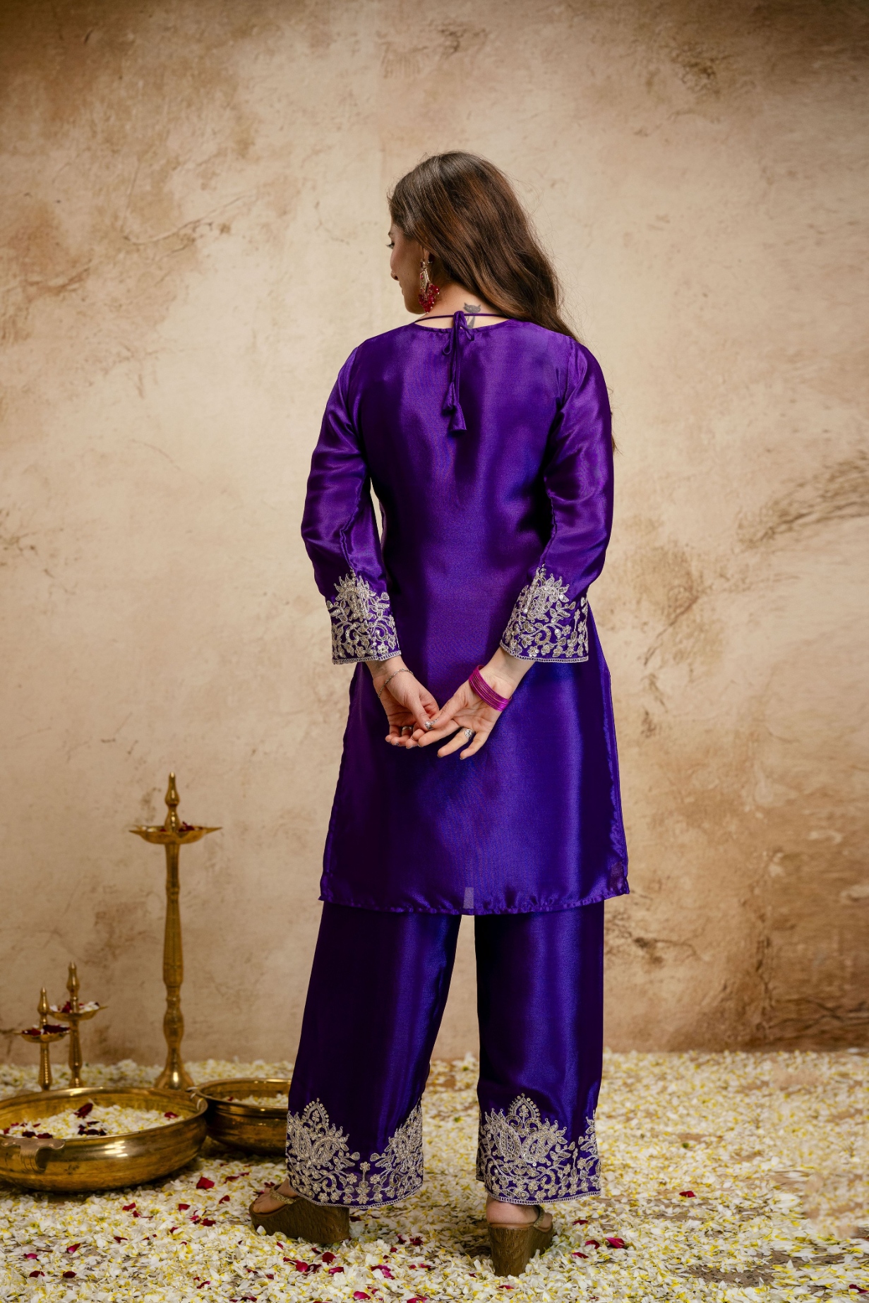 Purple Embroidered Vichitra Silk Anarkali Suit — alternate view