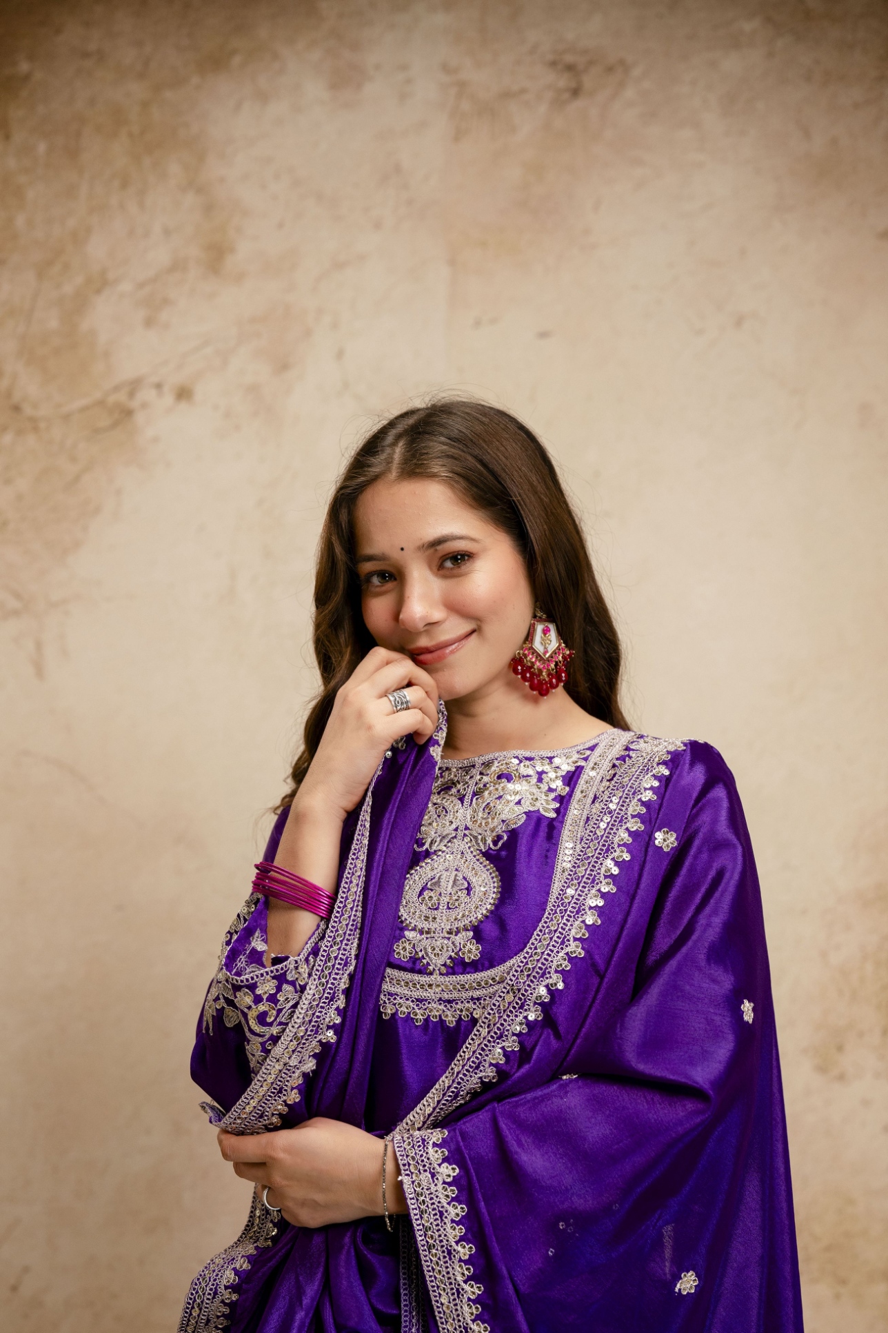Purple Embroidered Vichitra Silk Anarkali Suit