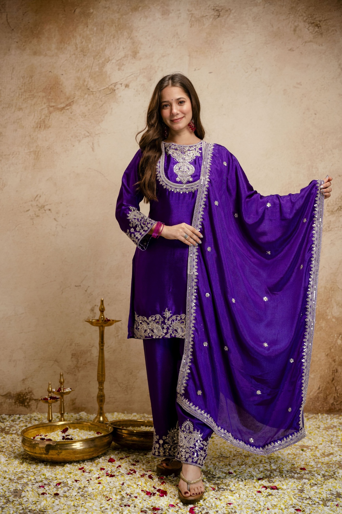 Purple Embroidered Vichitra Silk Anarkali Suit