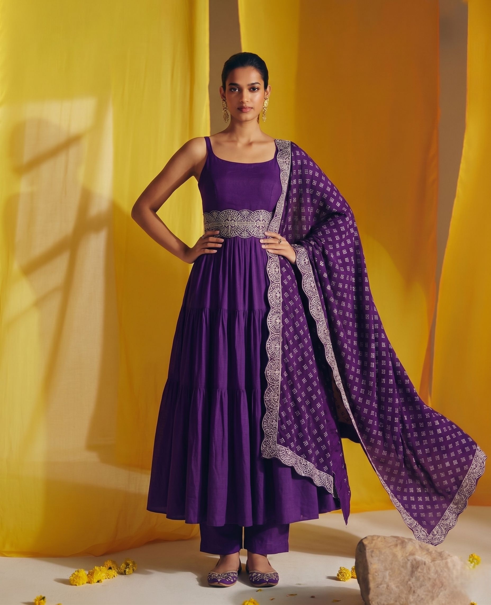 Purple Embroidered Vichitra Silk Palazzo Suit