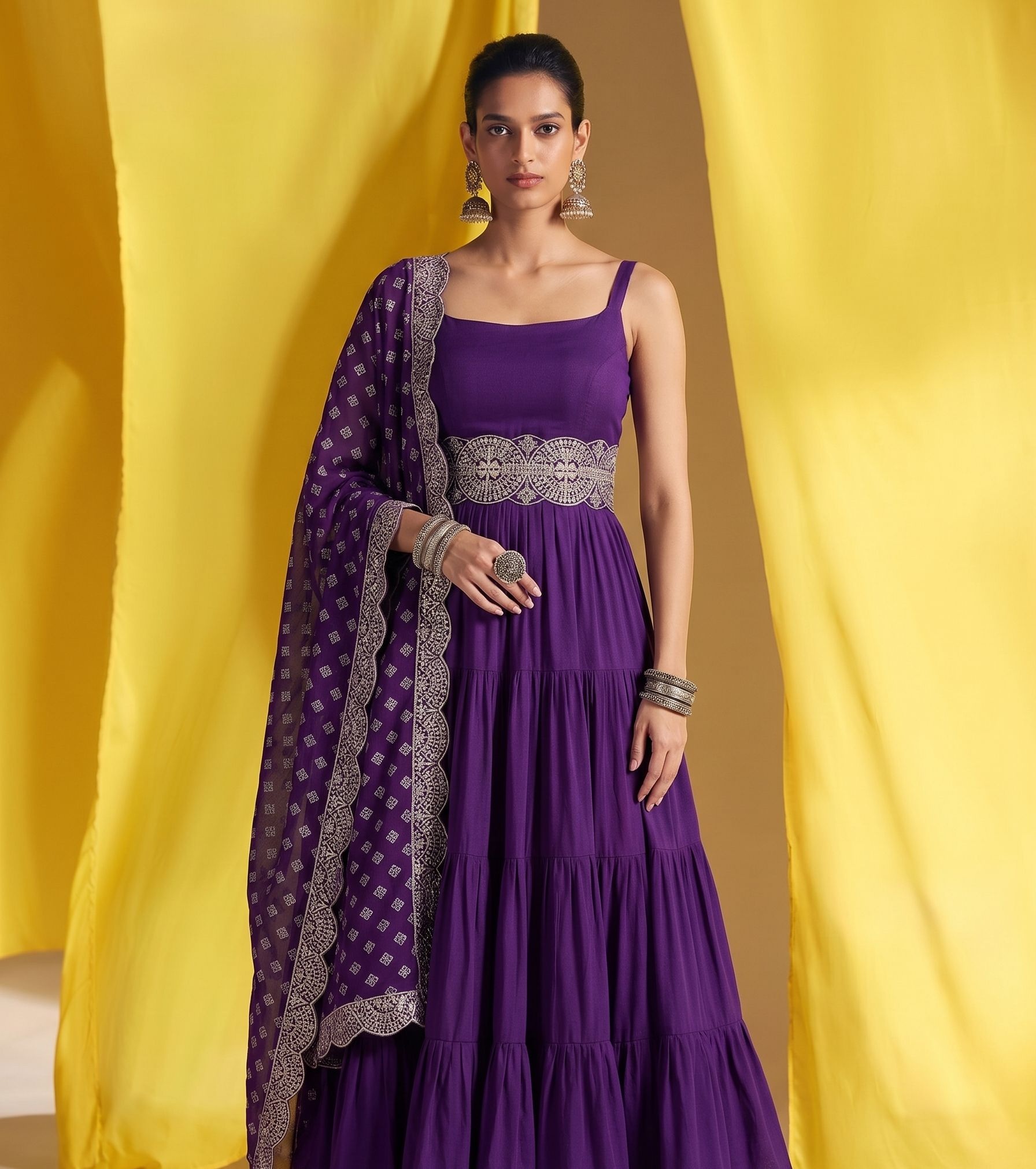 Purple Embroidered Vichitra Silk Palazzo Suit