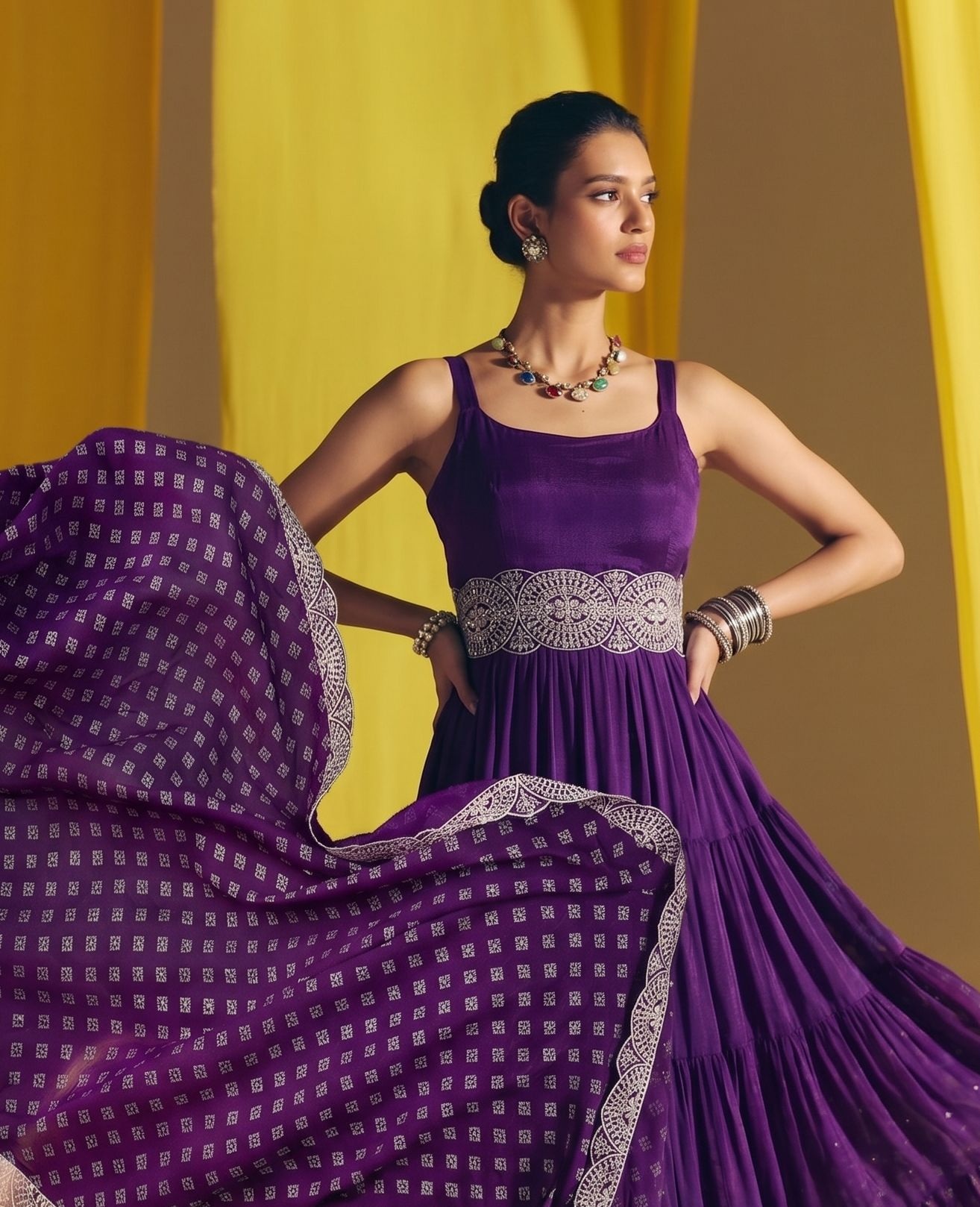 Purple Embroidered Vichitra Silk Palazzo Suit