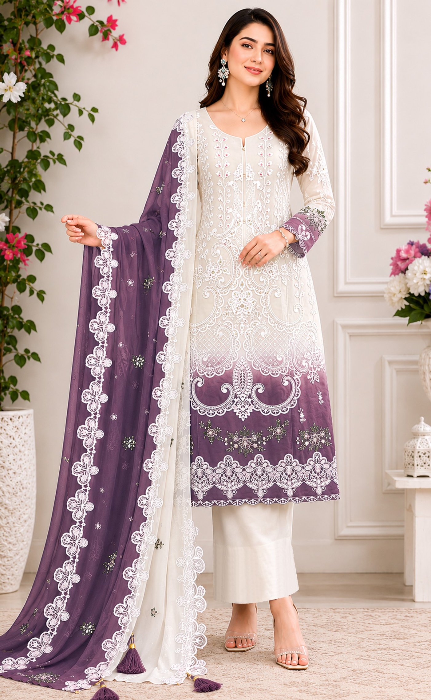 Purple Embroidery Georgette Straight Salwar Suit
