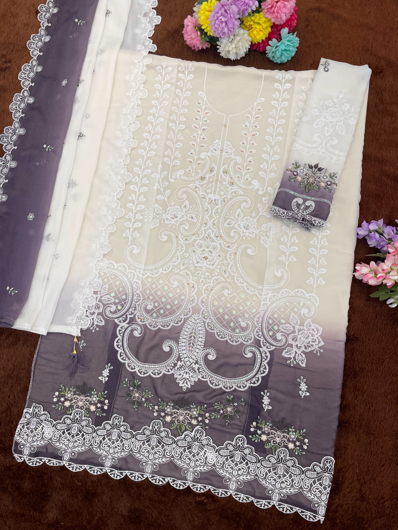 Purple Embroidery Georgette Straight Salwar Suit