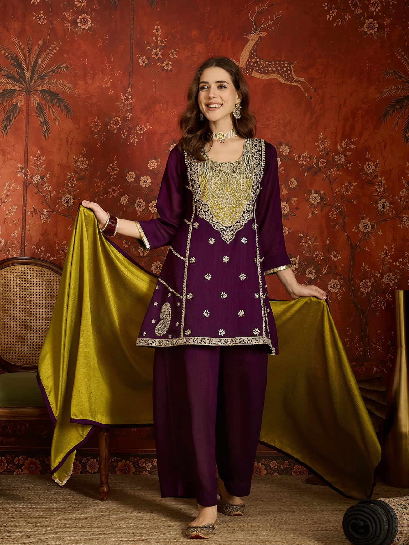 Purple Embroidery Work Vichitra Palazzo Suit
