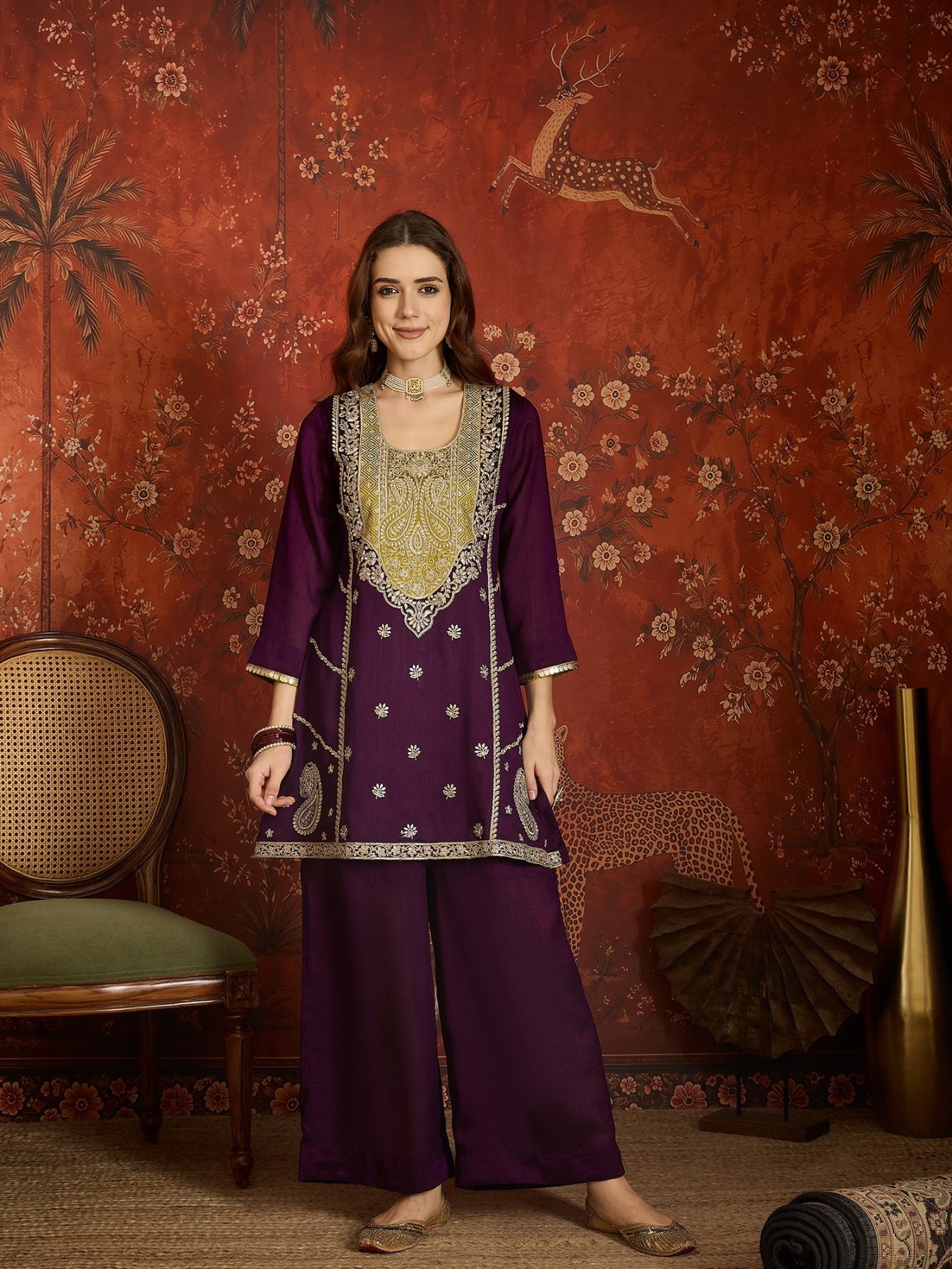 Purple Embroidery Work Vichitra Palazzo Suit