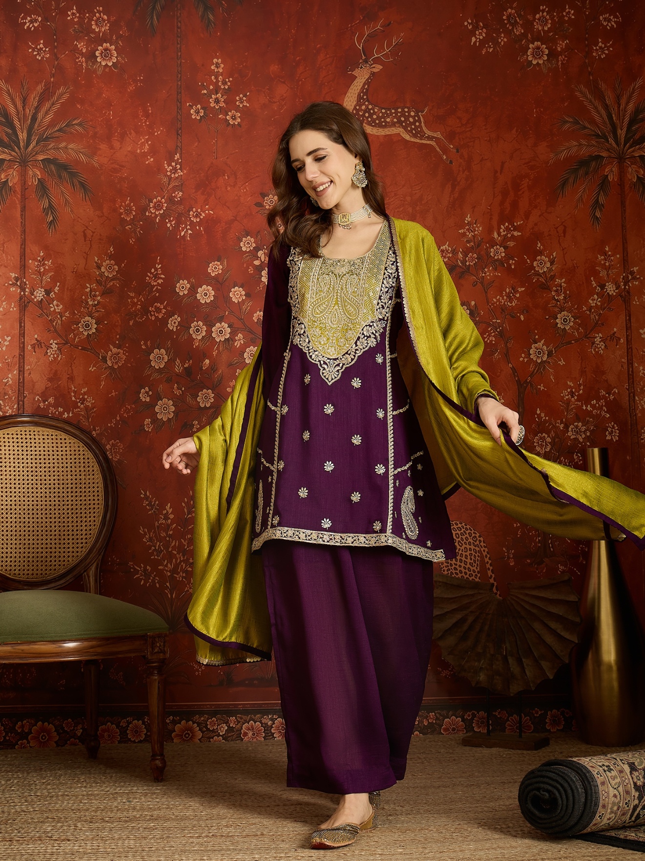 Purple Embroidery Work Vichitra Palazzo Suit