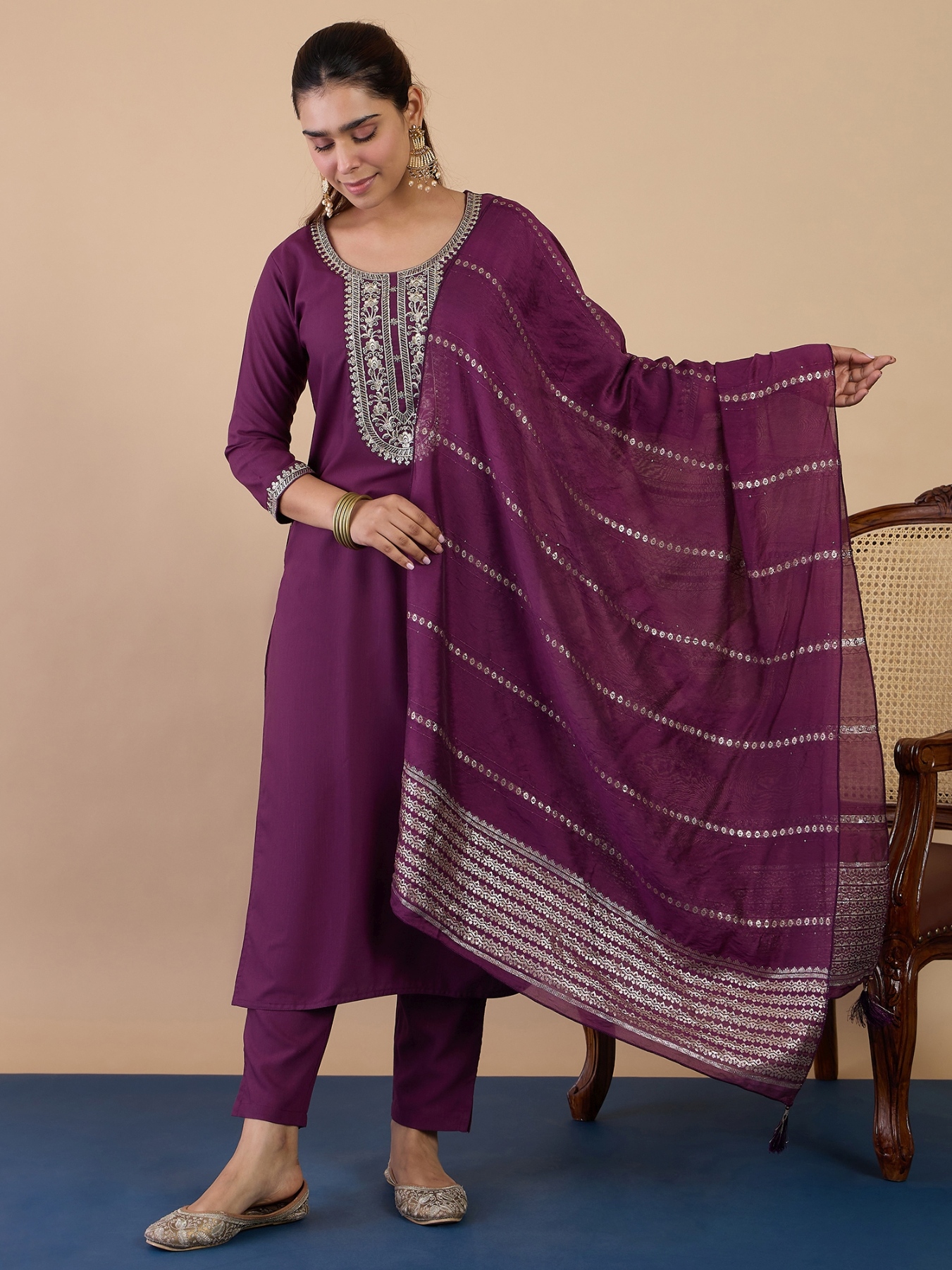 Purple Ethnic Motif Embroidery Cotton Blend Straight Pant Suit
