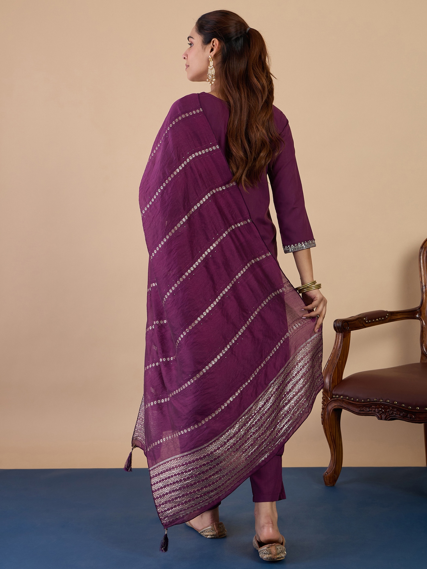 Purple Ethnic Motif Embroidery Cotton Blend Straight Pant Suit — alternate view