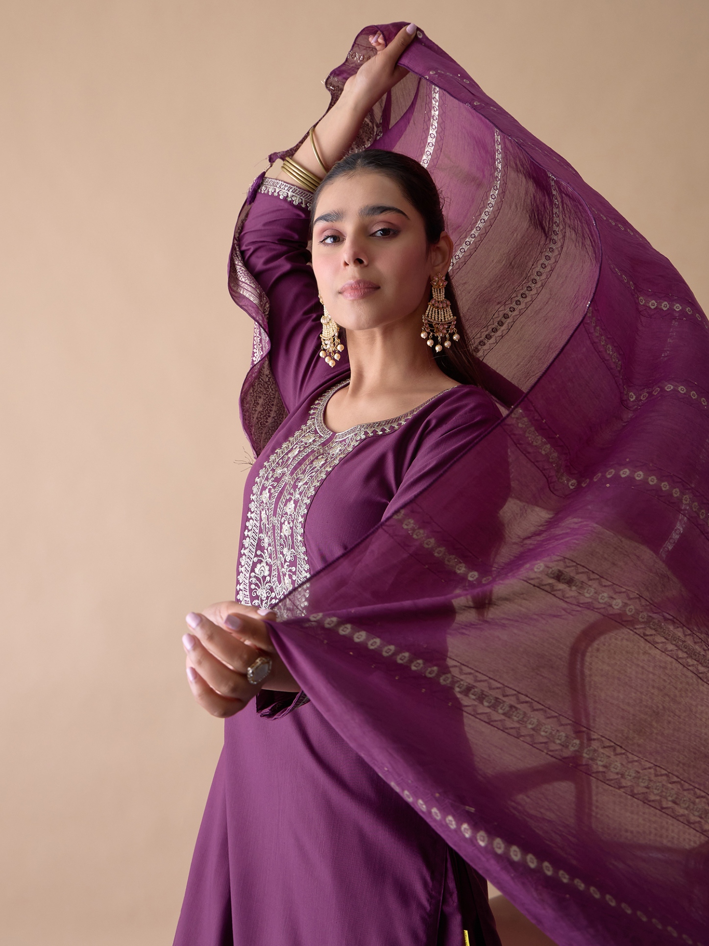 Purple Ethnic Motif Embroidery Cotton Blend Straight Pant Suit