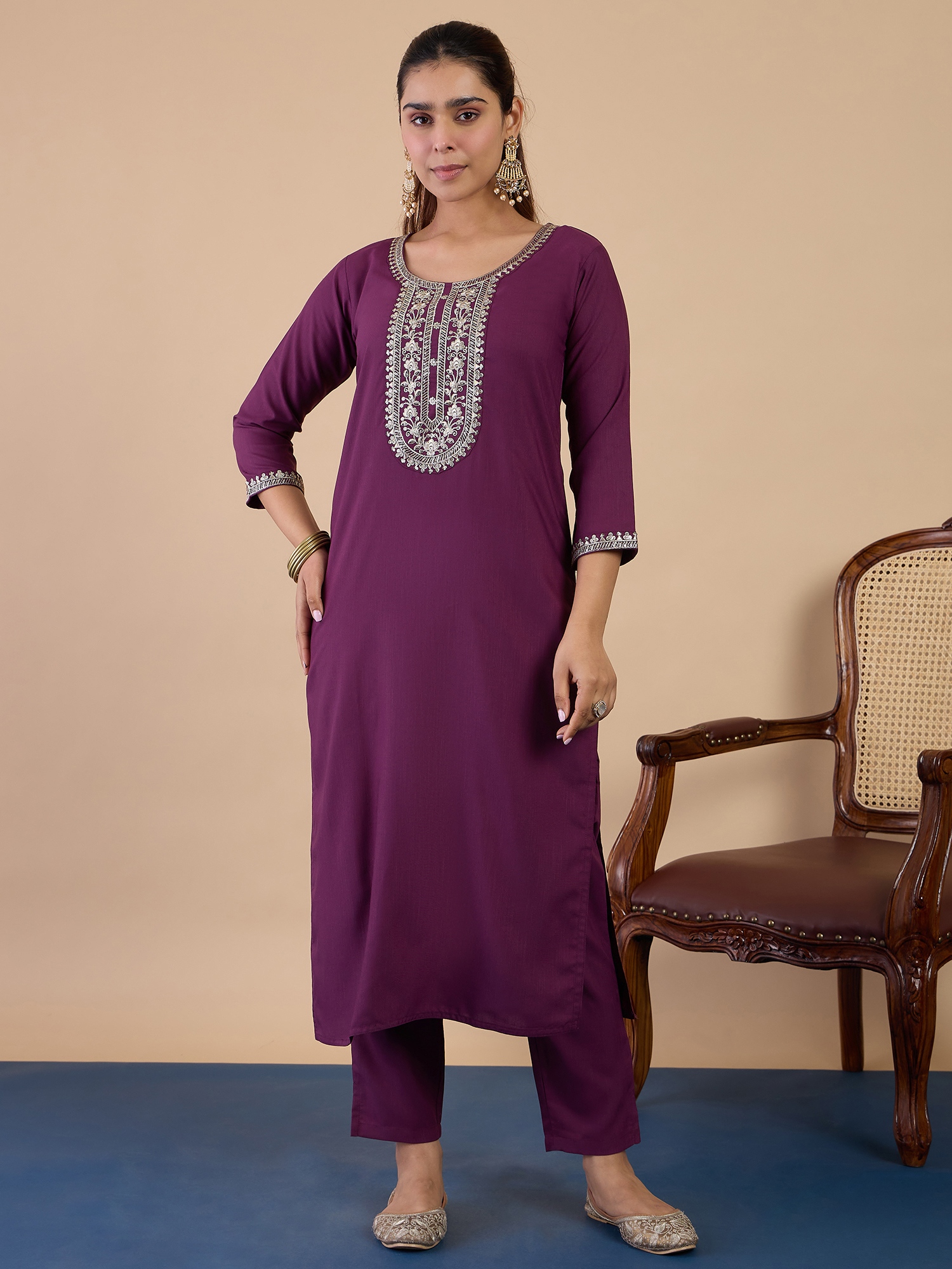 Purple Ethnic Motif Embroidery Cotton Blend Straight Pant Suit