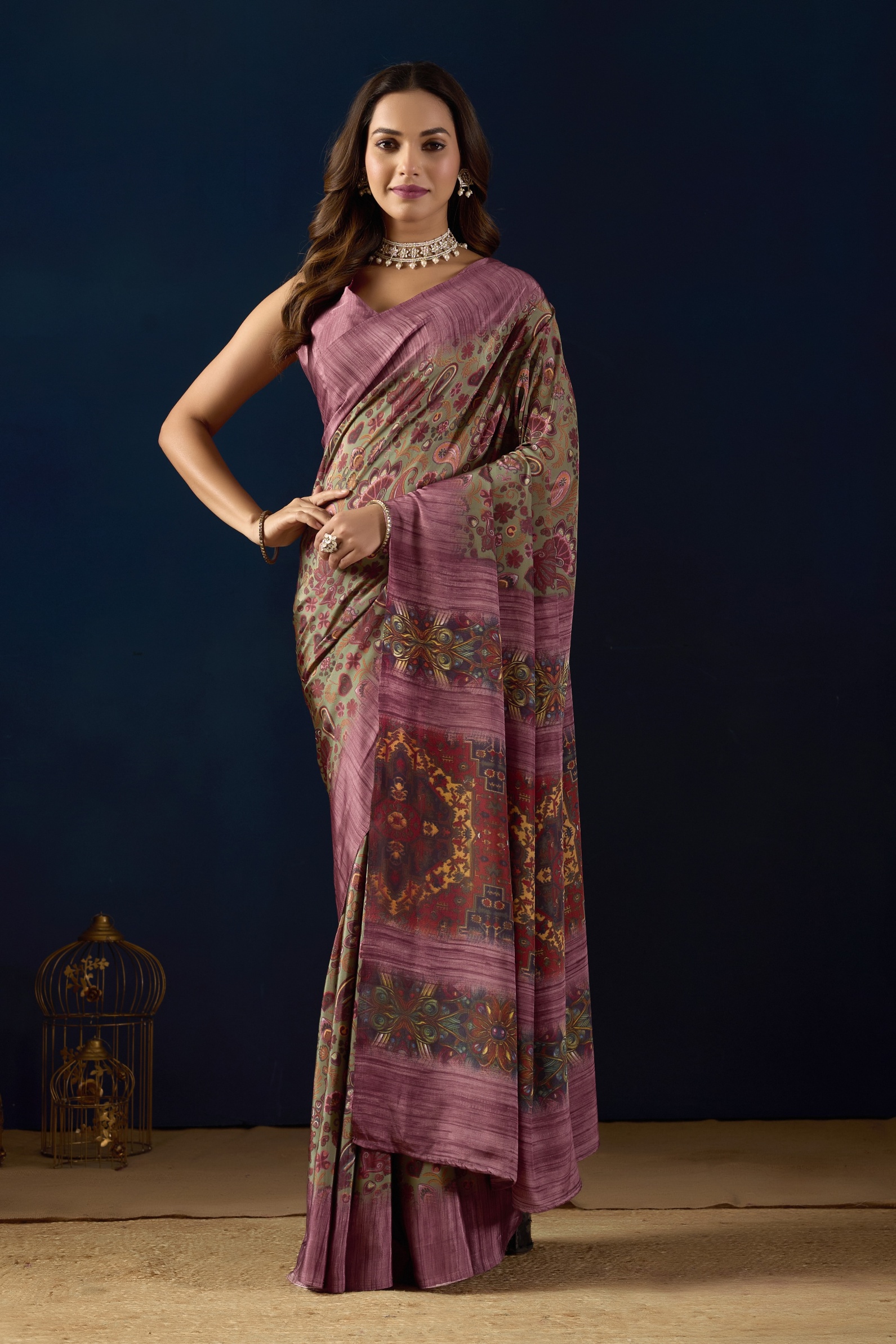Purple Ethnic Printed Silk Crepe Ready To Wear Saree