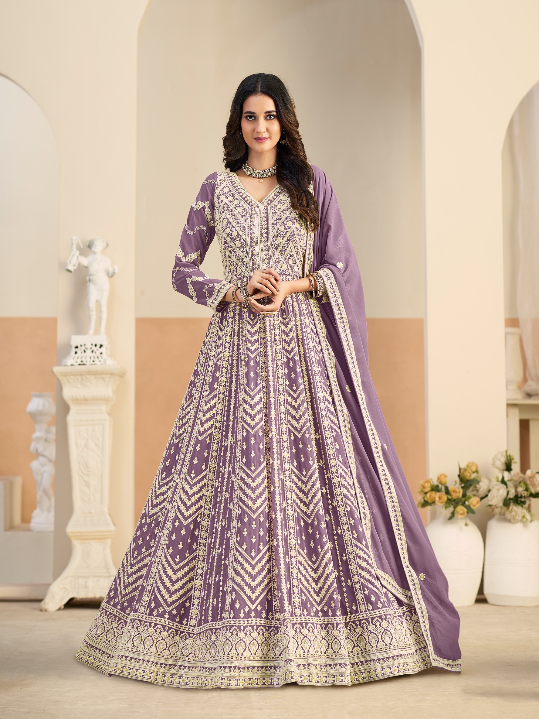 Purple Faux Georgette Designer Embroidered Anarkali Suit