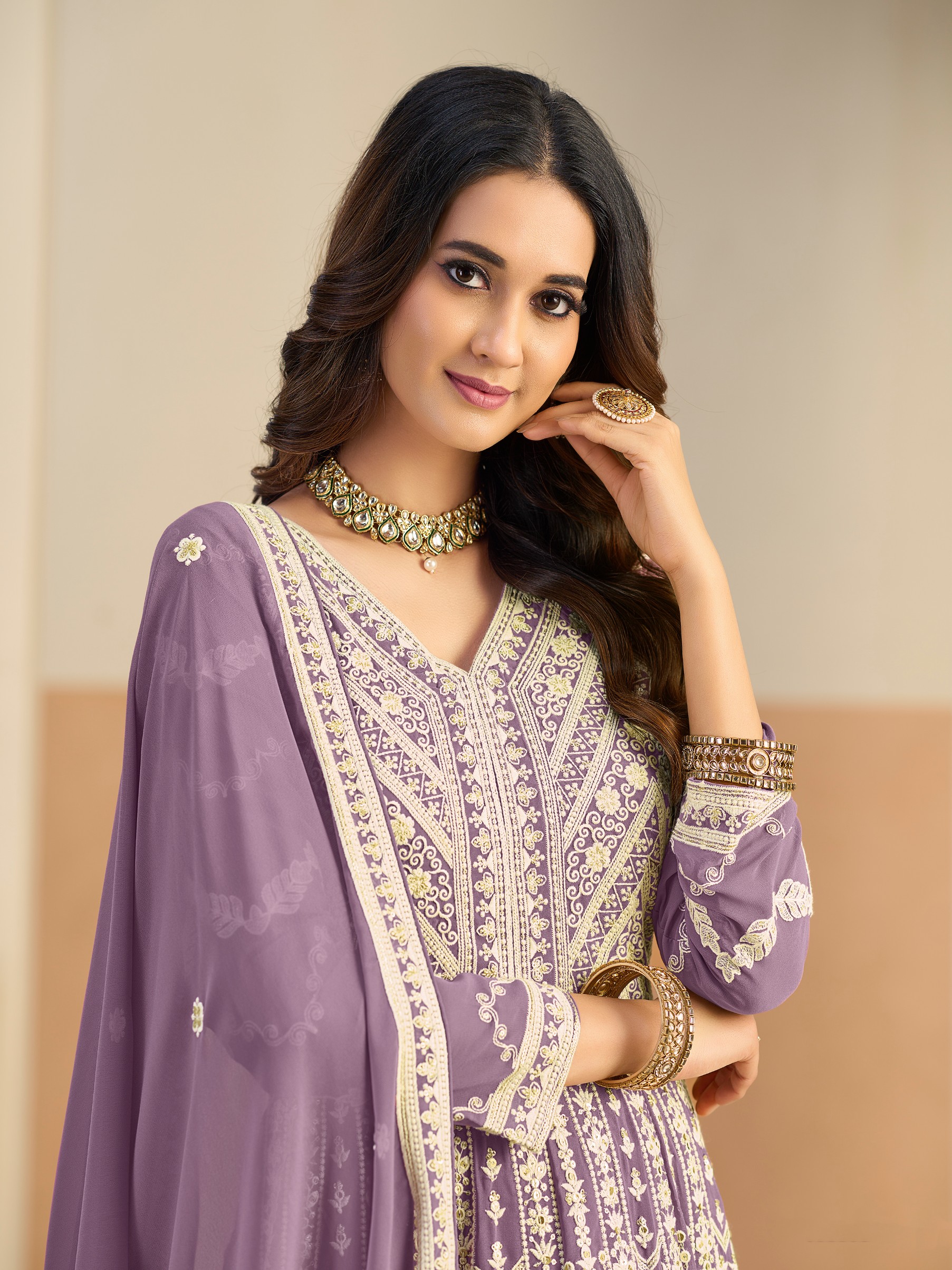 Purple Faux Georgette Designer Embroidered Anarkali Suit