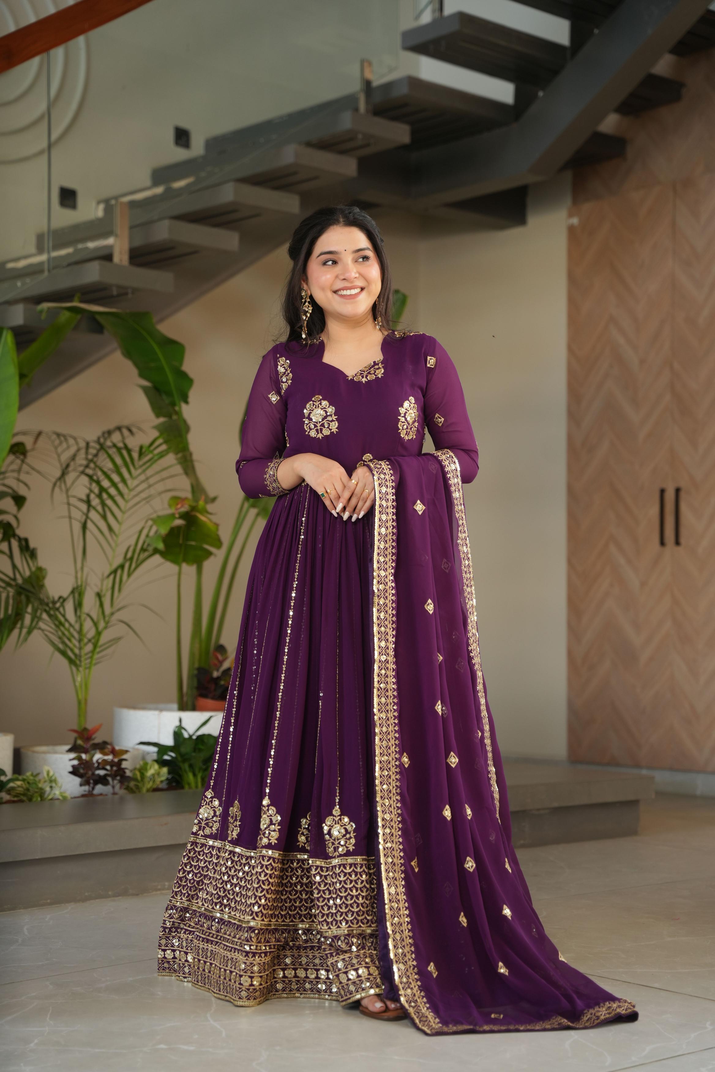 Purple Faux Georgette Jari Embroidery Gown