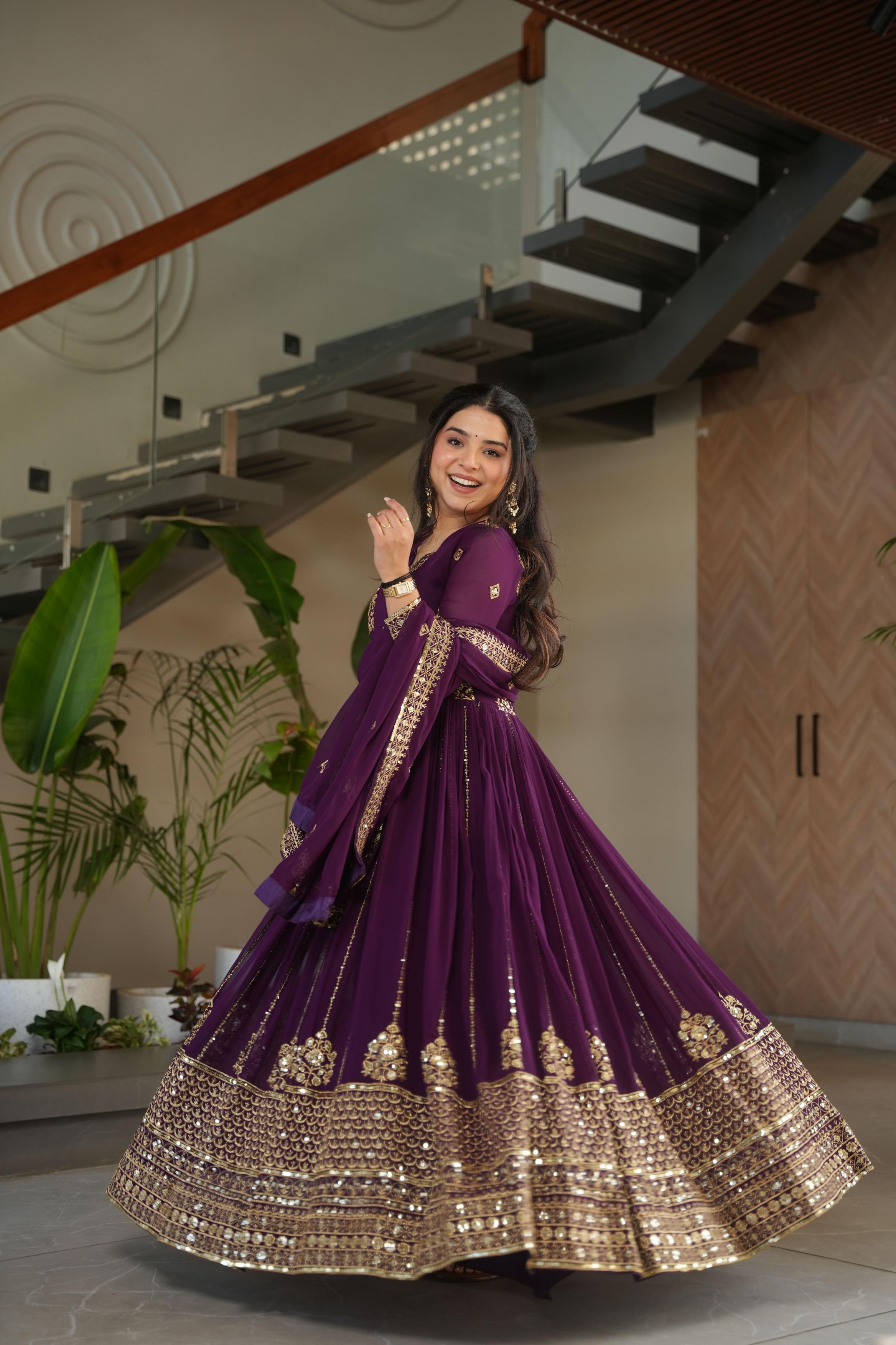 Purple Faux Georgette Jari Embroidery Gown — alternate view